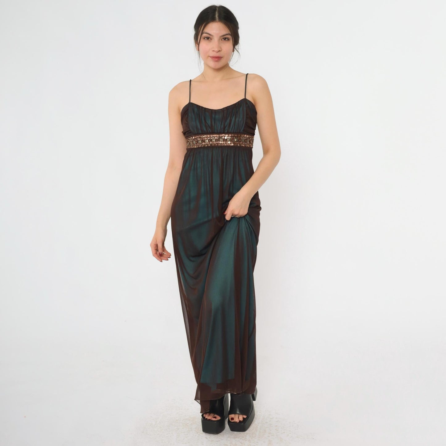 Y2K Teal Sequin Beaded Maxi Party Dress Brown Mesh Overlay Spaghetti Strap Large