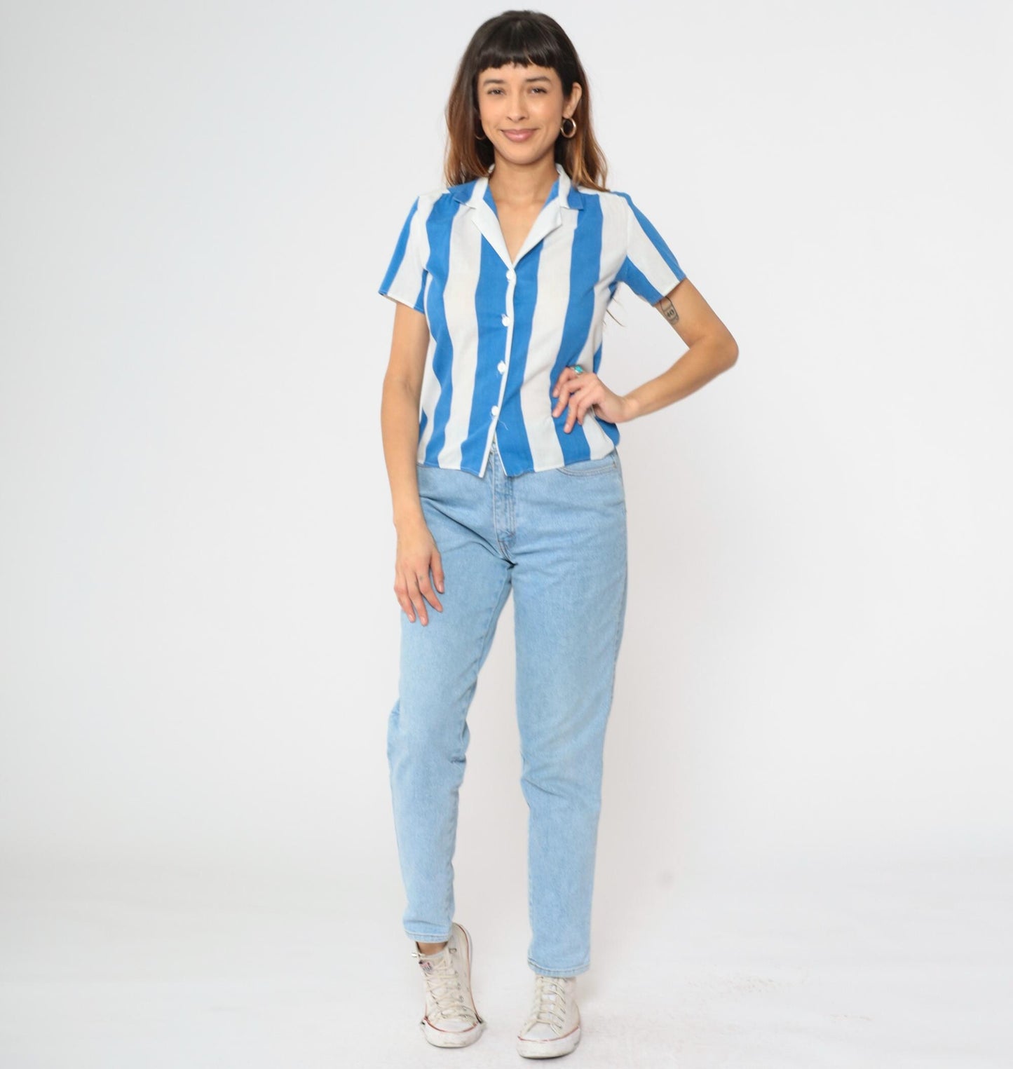 80s Blue & White Striped Button Up Shirt Short Sleeve Blouse Small