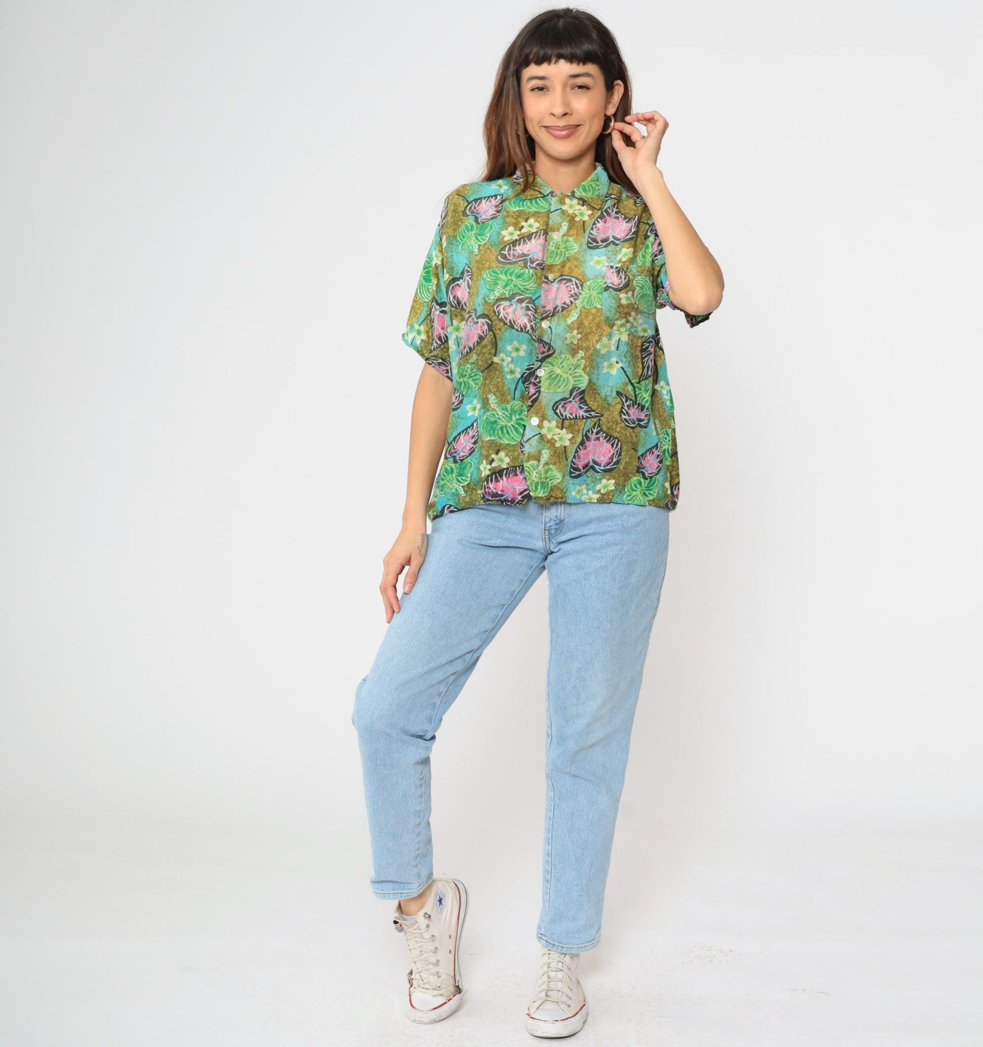 90s Tropical Floral Green Button Up Shirt Men's Medium Short Sleeve
