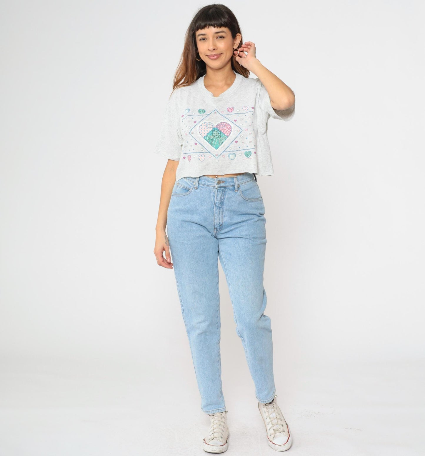90s Jerzees Cropped Heart Patchwork T-Shirt Grey Graphic Tee Large L