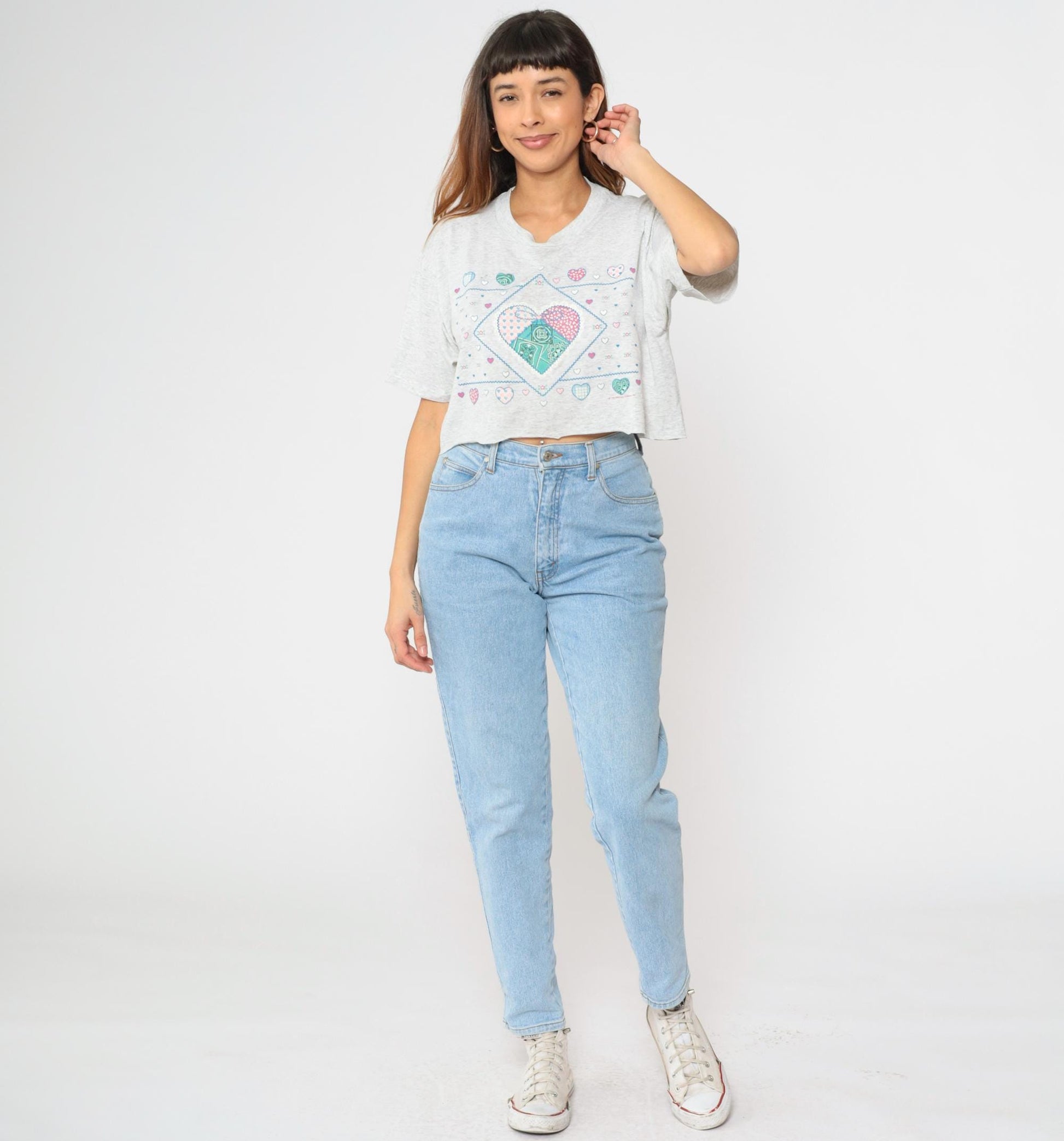 90s Jerzees Cropped Heart Patchwork T-Shirt Grey Graphic Tee Large L