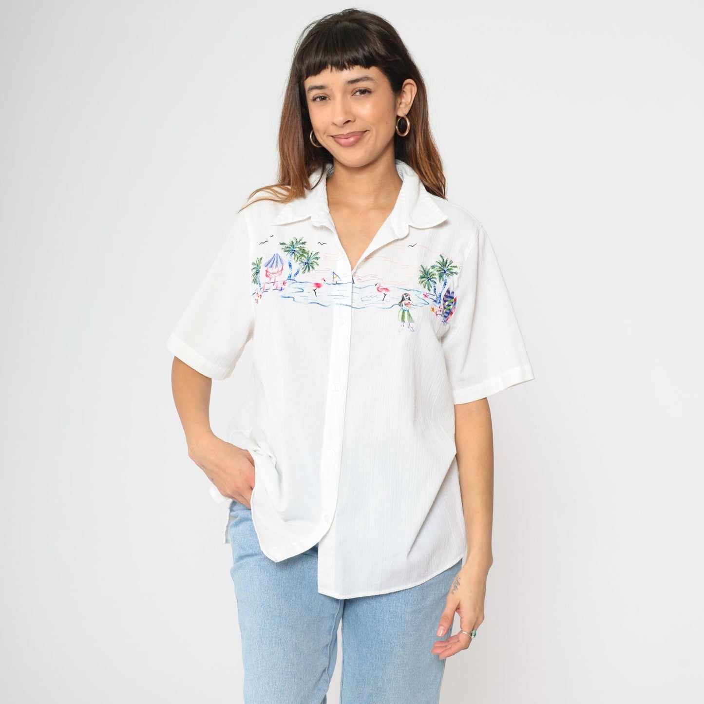 90s Alfred Dunner Hawaiian Shirt White Hula Girl Embroidered XL