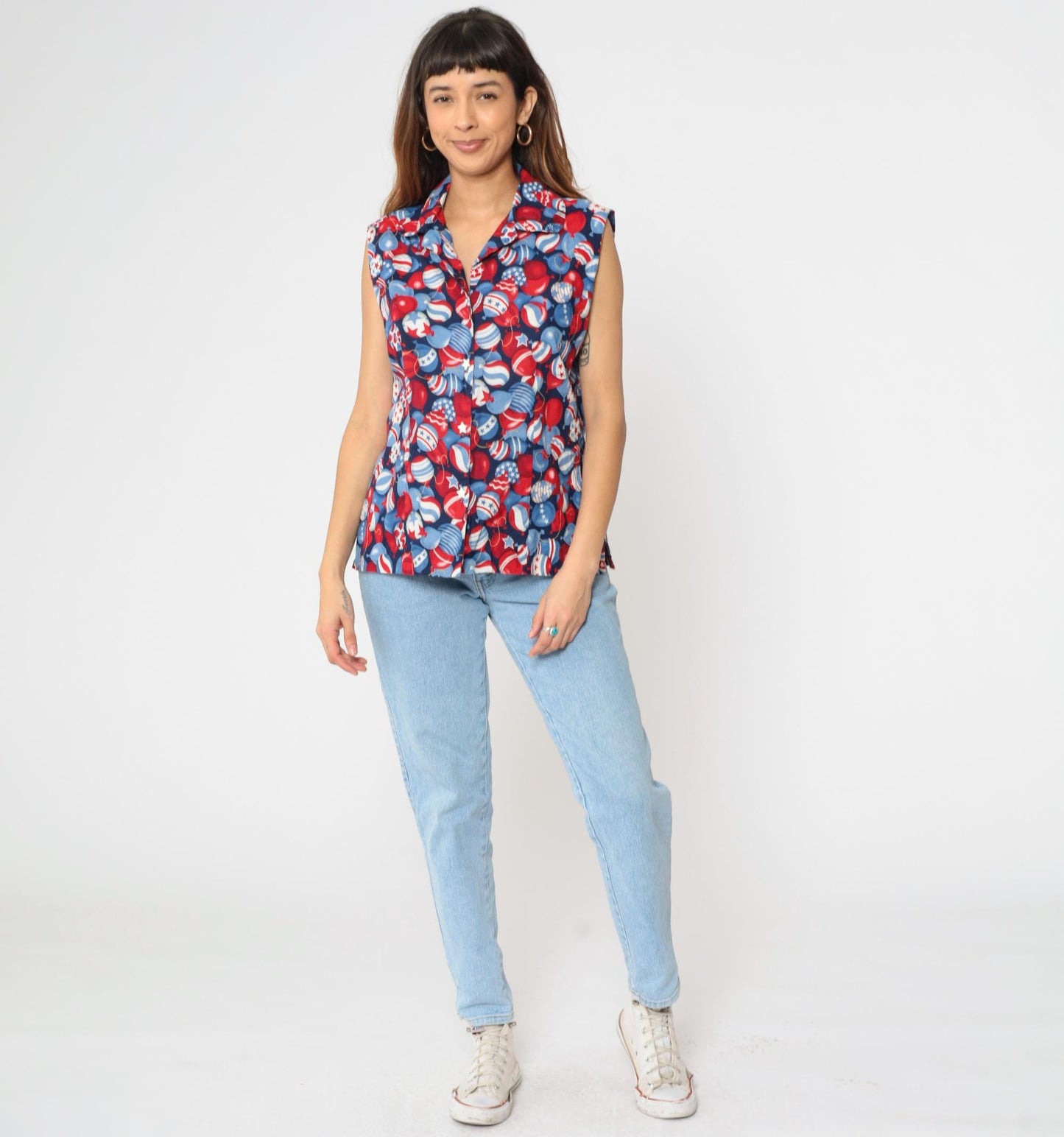 90s Patriotic Balloon Print Sleeveless Button-Up Shirt Red White Blue Large L