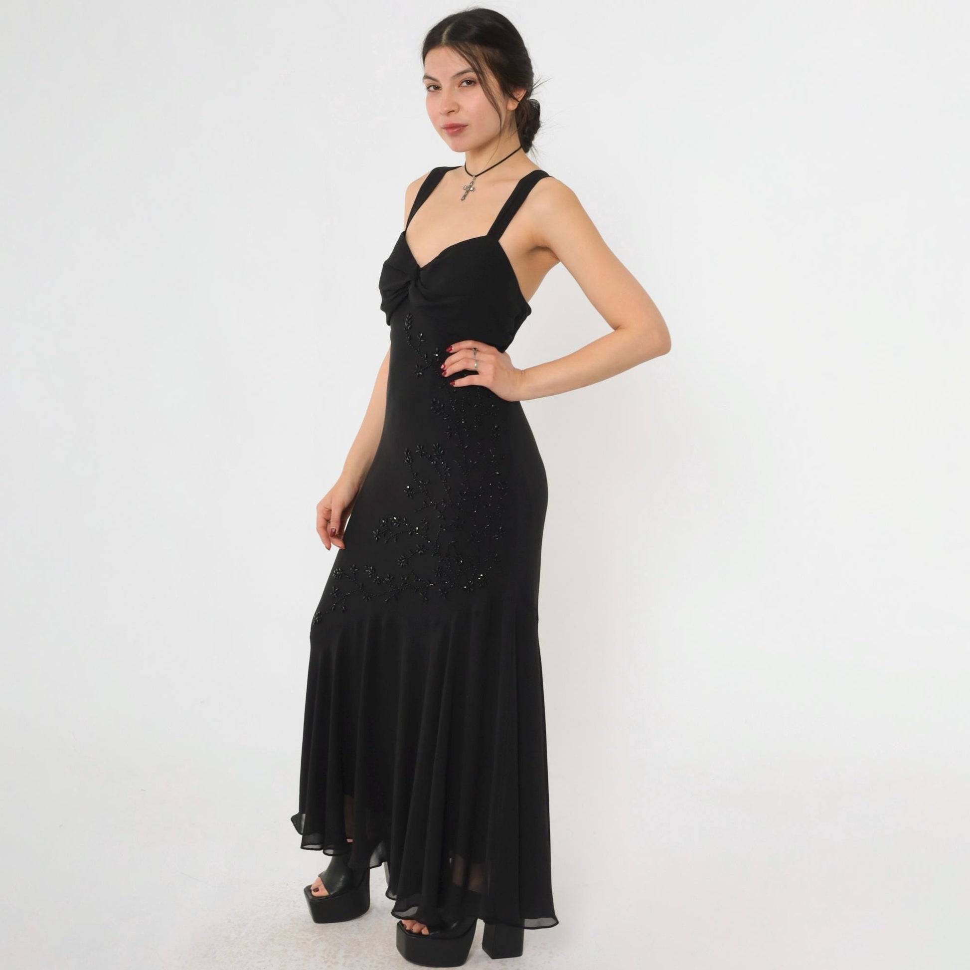 Y2K Black Chiffon Maxi Dress Floral Beading Sweetheart Neckline Large