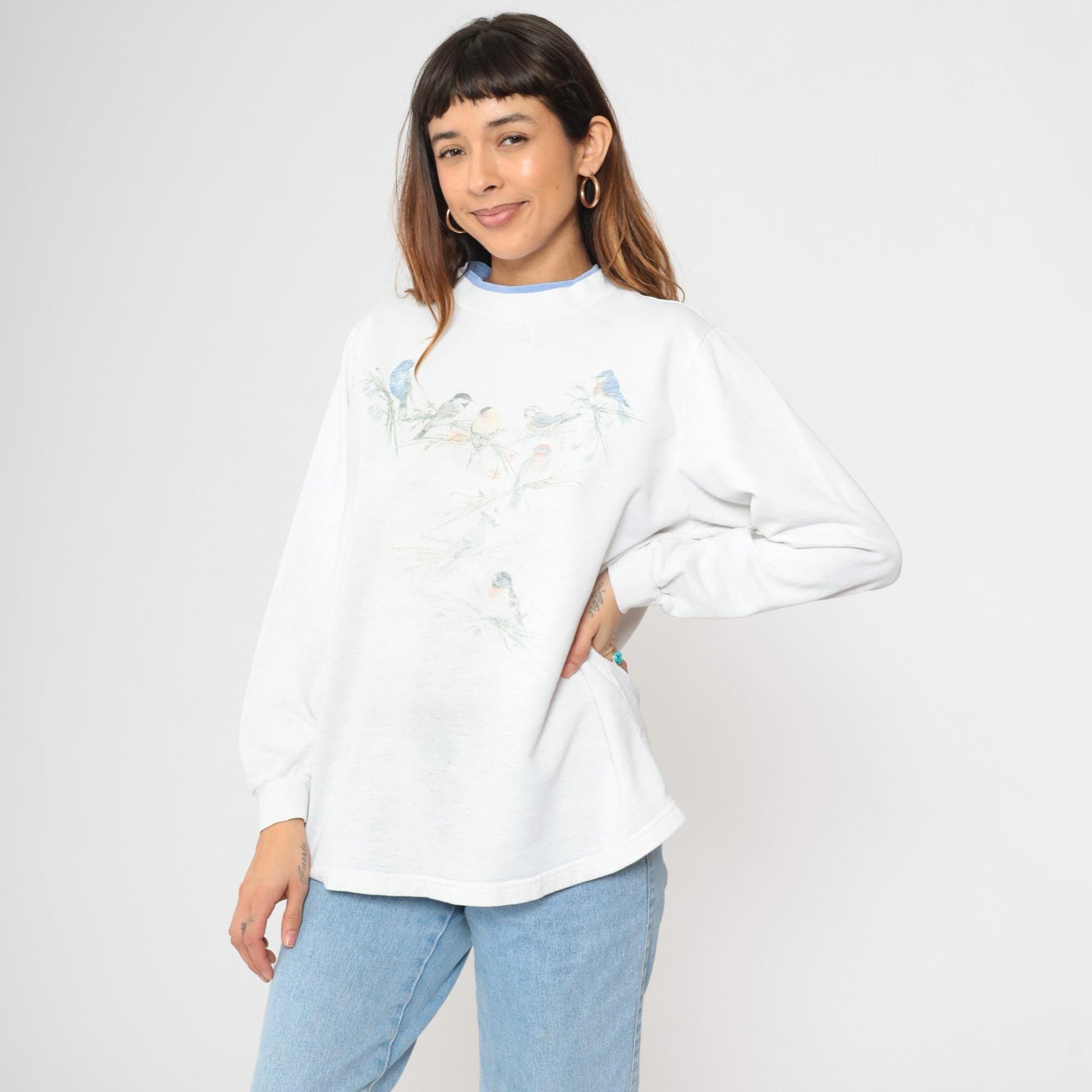 90s Bird Wildlife Sweatshirt White Graphic Double Collar Pullover Large L
