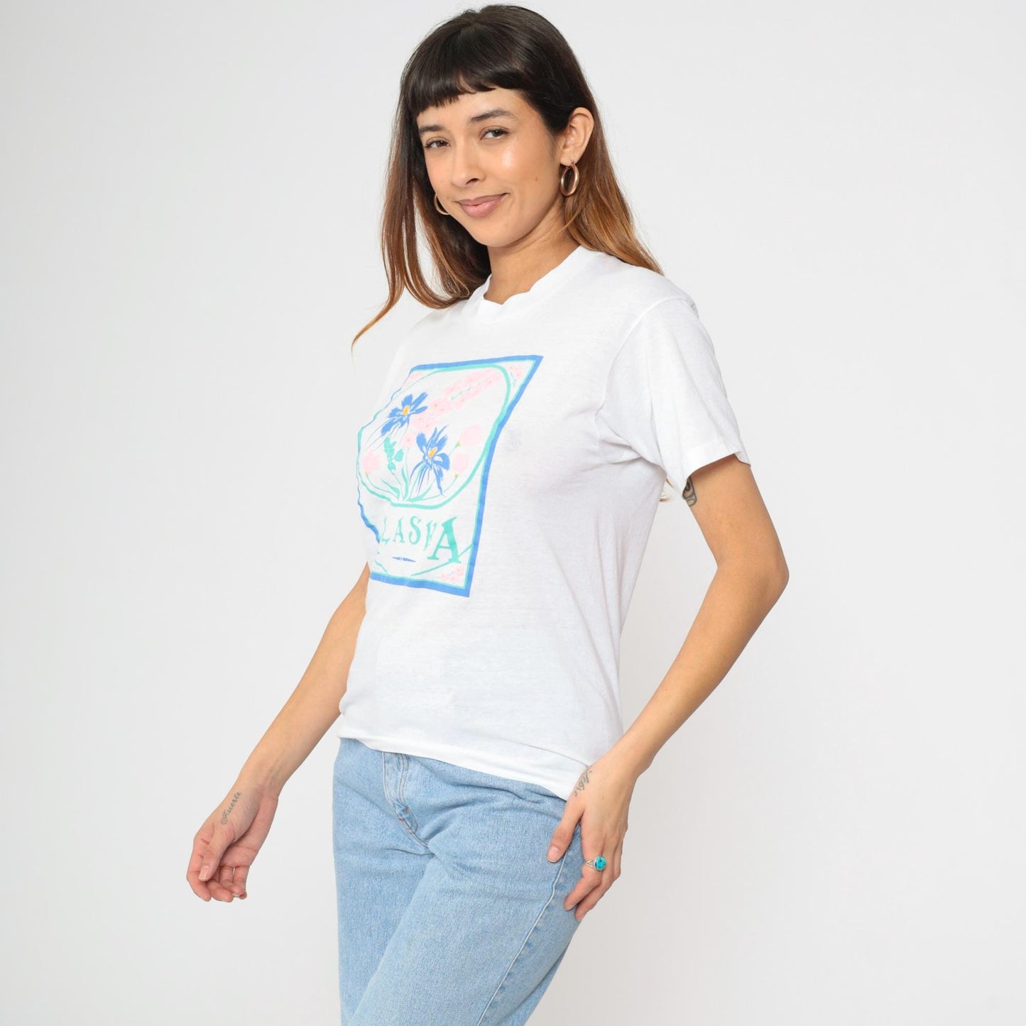90s Screen Stars Alaska Floral Graphic T-Shirt White Single Stitch Small