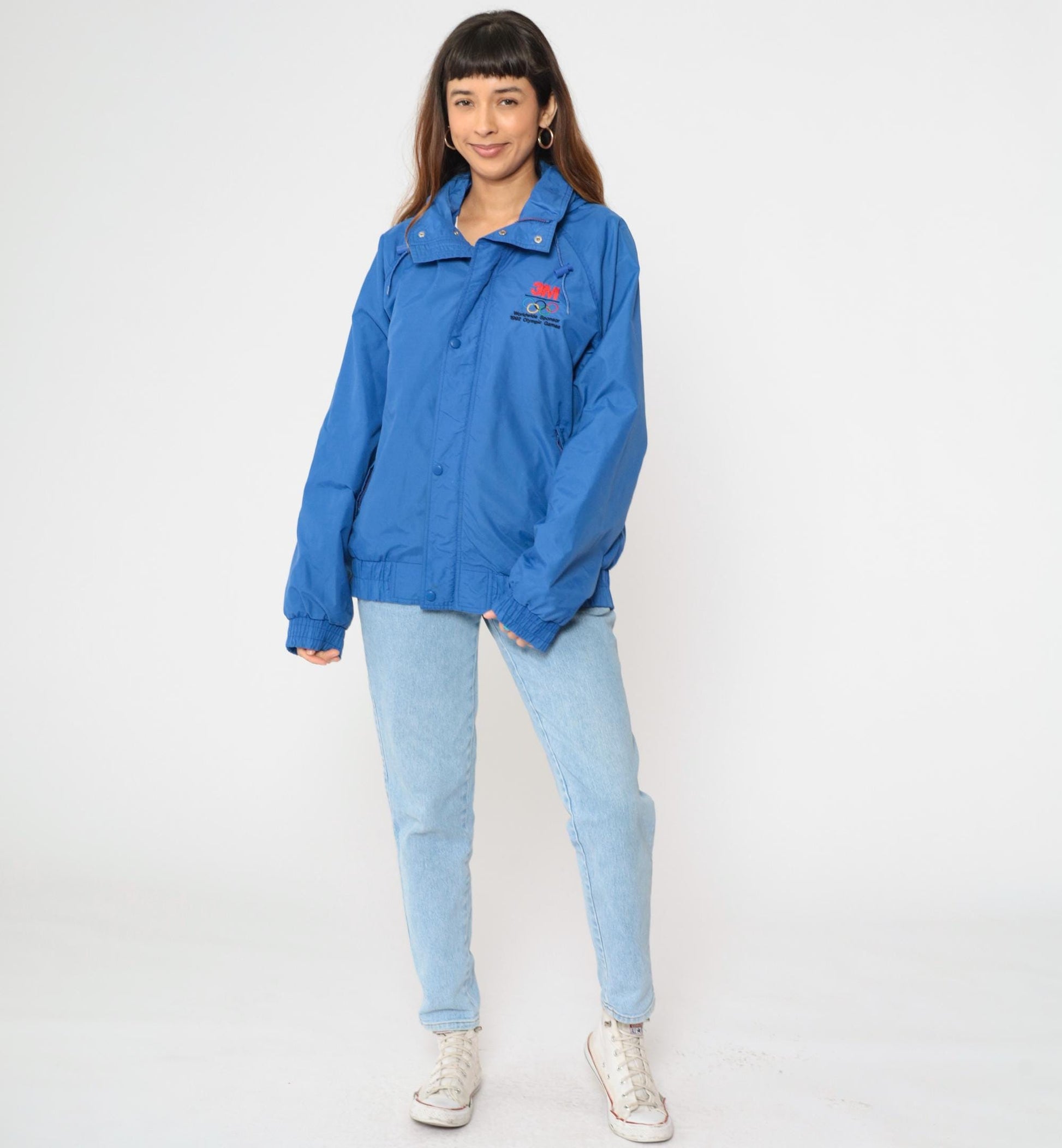 90s Gear for Sports Blue Windbreaker Jacket 3M Nylon Hooded Medium