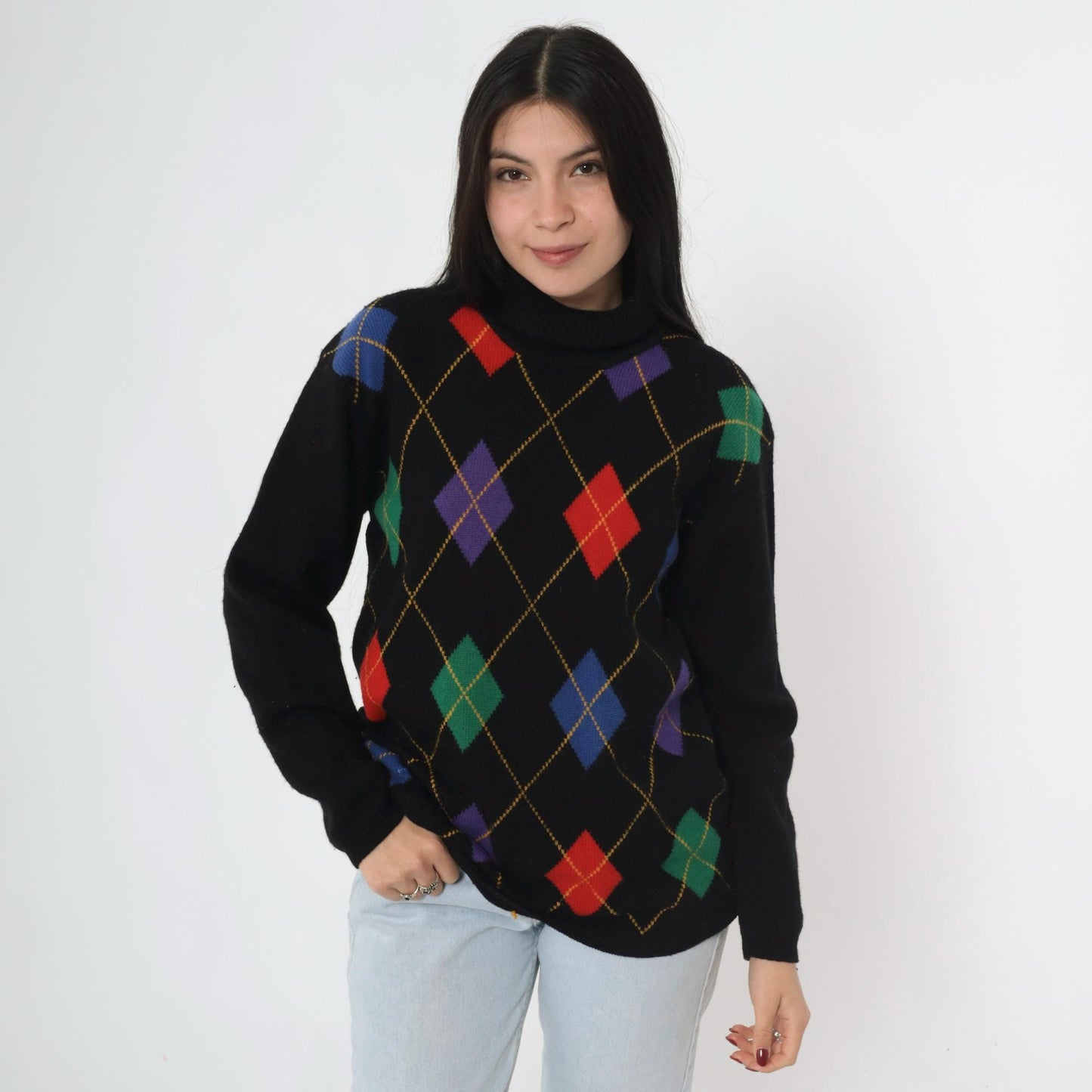 80s Wheeler & Martha Wool Argyle Sweater Black Mock Neck Medium