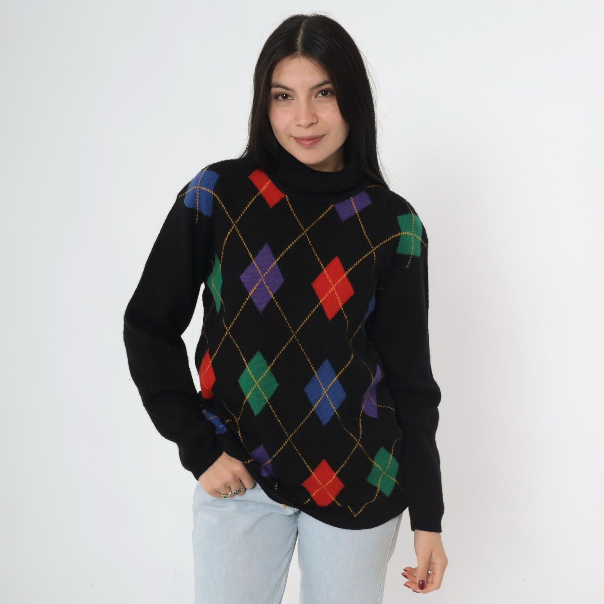 80s Wheeler & Martha Wool Argyle Sweater Black Mock Neck Medium