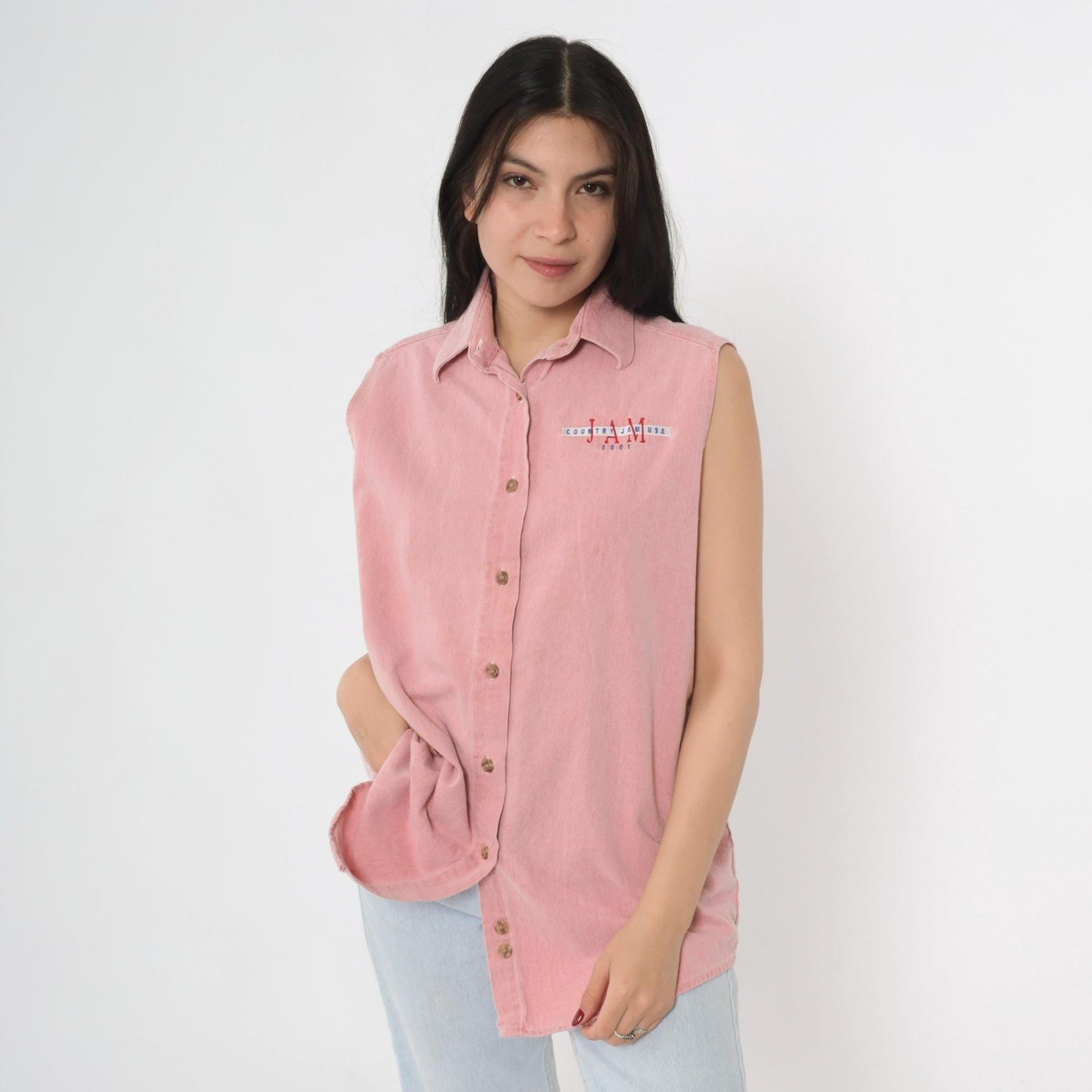 Y2K Country Jam USA 2001 Pink Denim Sleeveless Shirt Embroidered Western Large L