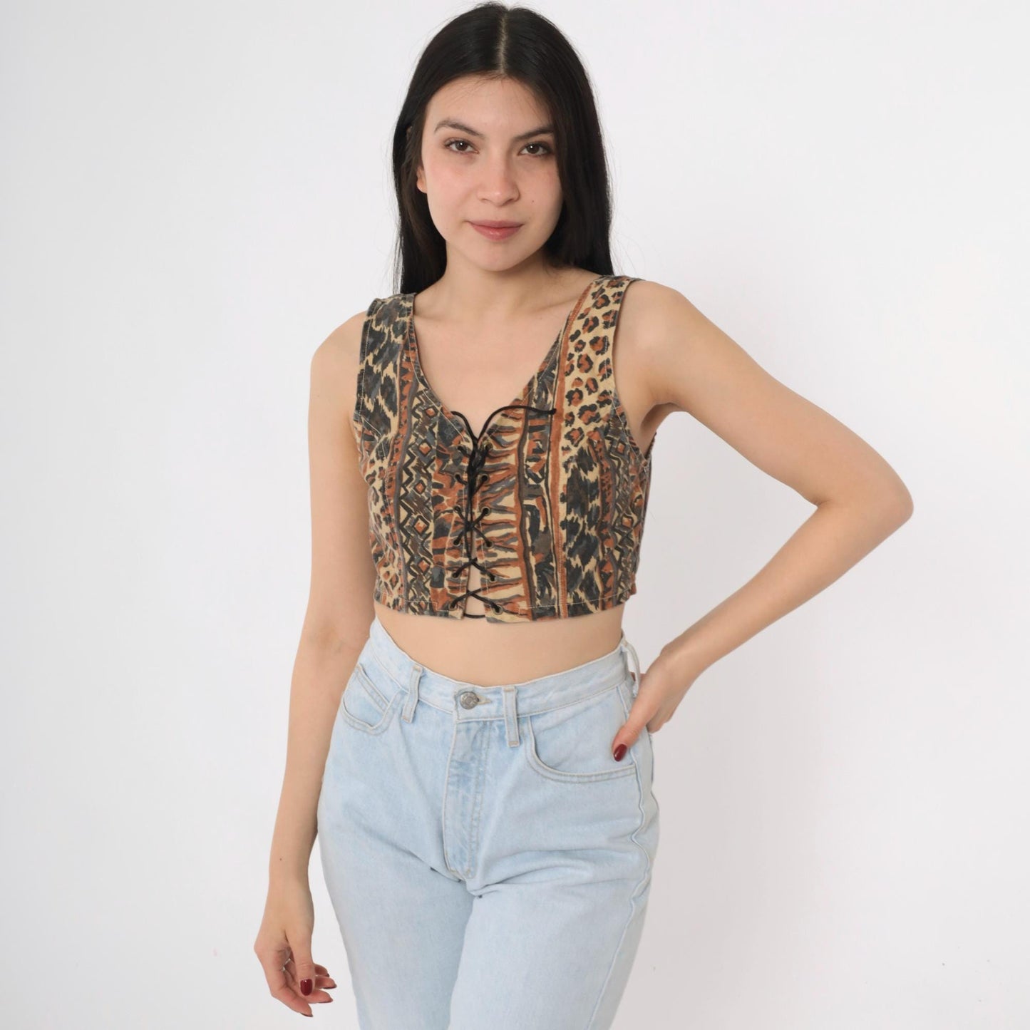 90s Leopard Geometric Print Crop Tank Lace-Up Front Small S
