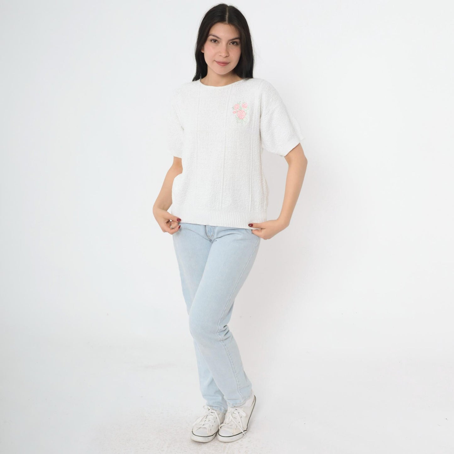 80s Lauren Knitwear Floral Embroidered Cotton Knit Top White Short Sleeve Small