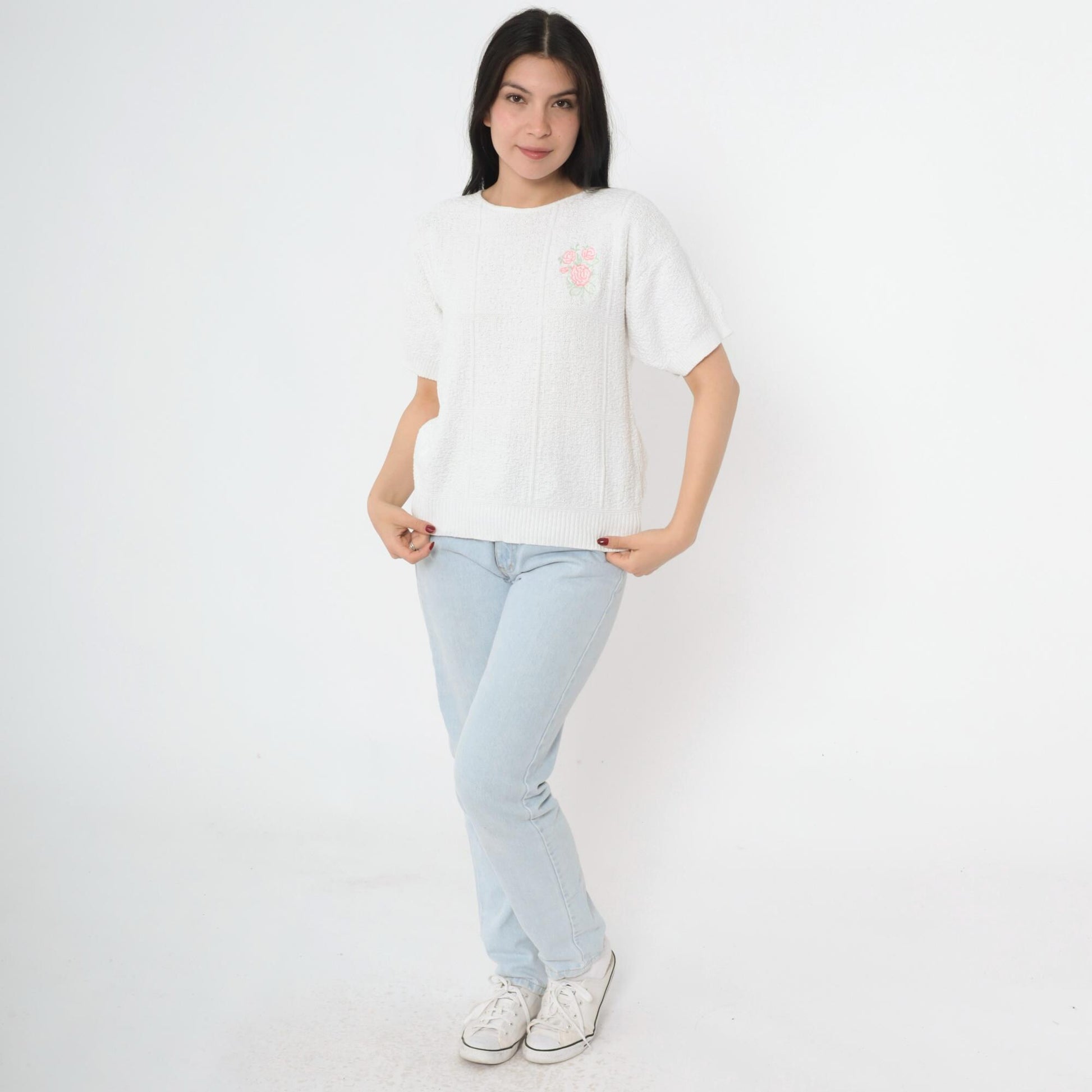 80s Lauren Knitwear Floral Embroidered Cotton Knit Top White Short Sleeve Small