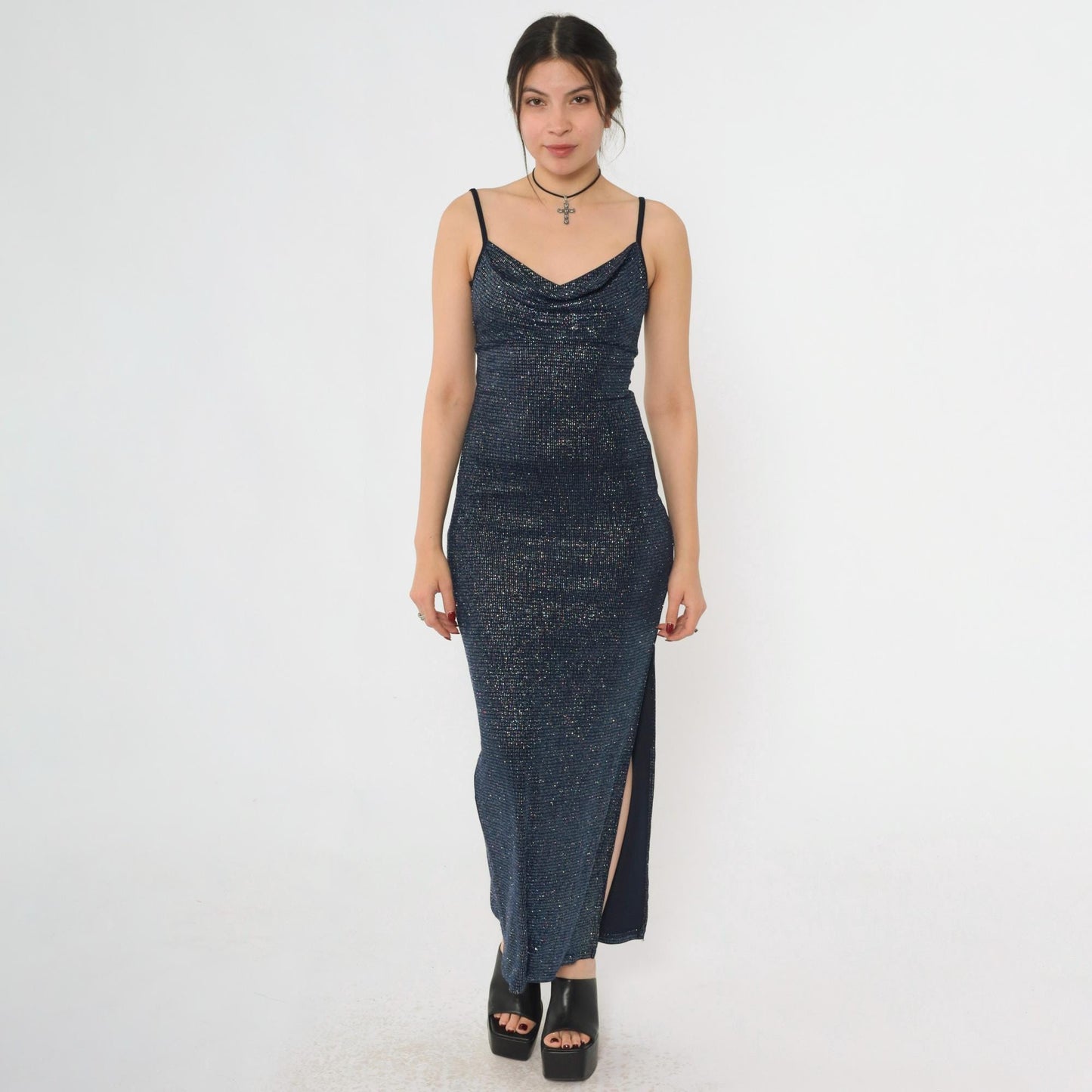 00s Metallic Blue Maxi Dress Cowl Neck Bodycon High Slit Small