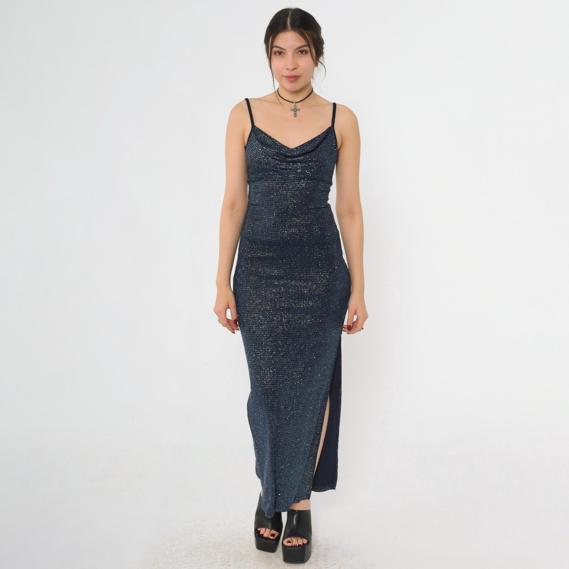 00s Metallic Blue Maxi Dress Cowl Neck Bodycon High Slit Small