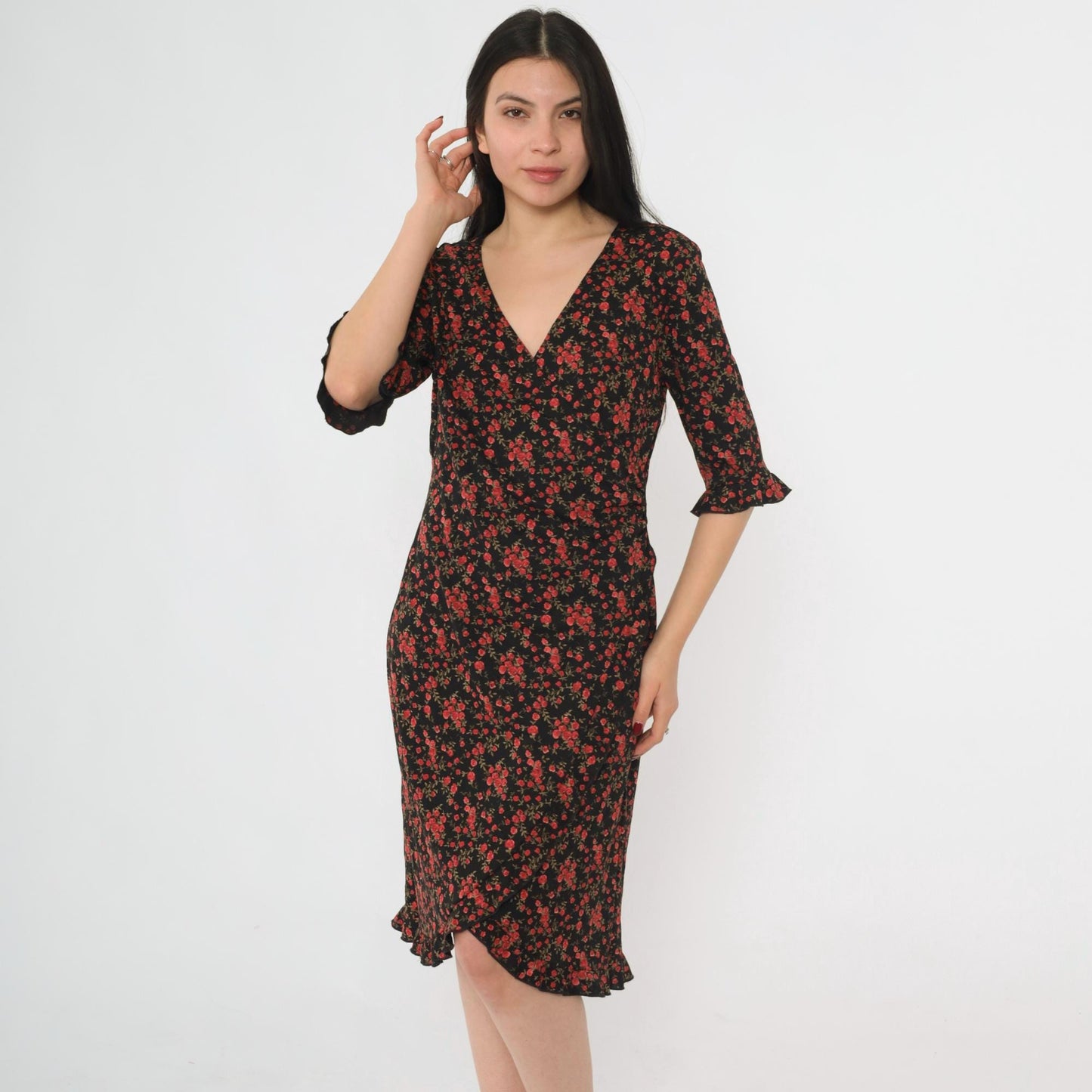 90s Connected Apparel Black Floral Midi Dress Rose Print V Neck Medium