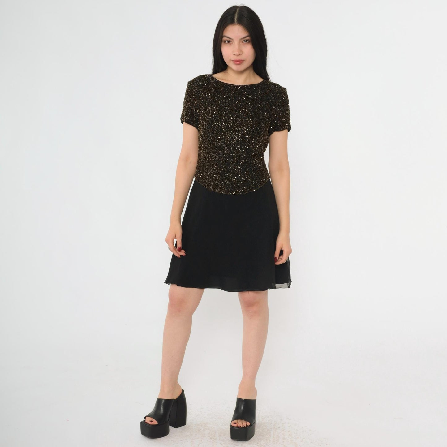 90s Cache Beaded Silk Chiffon Mini Dress Black Gold Fit Flare Small