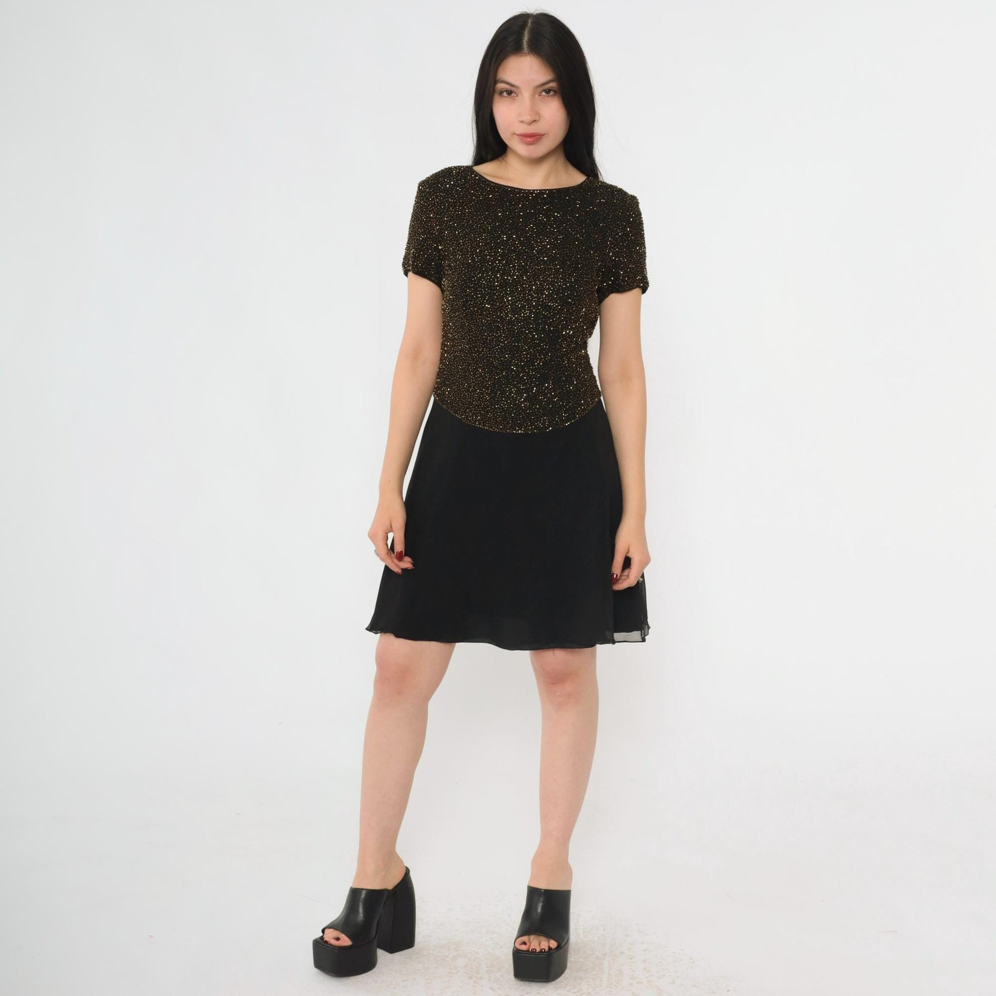 90s Cache Beaded Silk Chiffon Mini Dress Black Gold Fit Flare Small