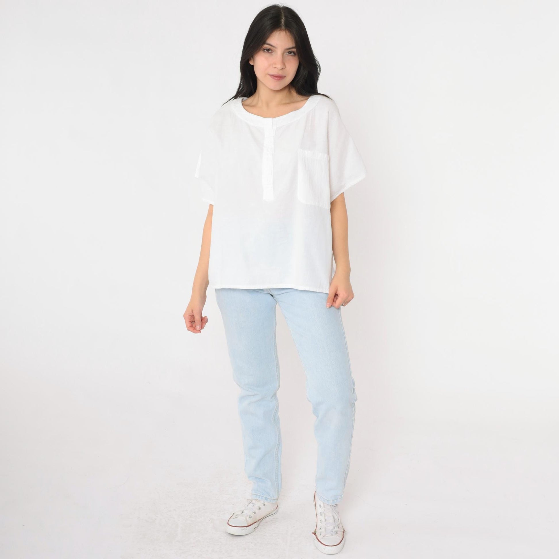 90s Coastal Clothing White Cotton Button-Up Blouse Short Sleeve Medium M