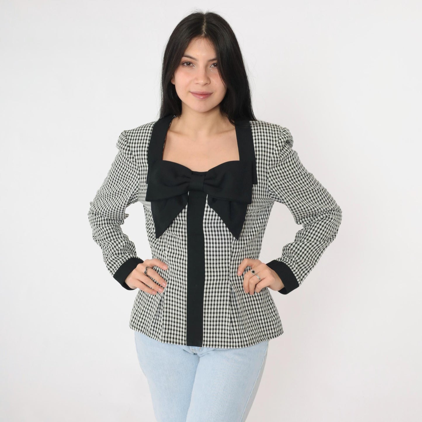 90s Black Gingham Bow Blouse Long Sleeve Checkered Shirt Medium 8