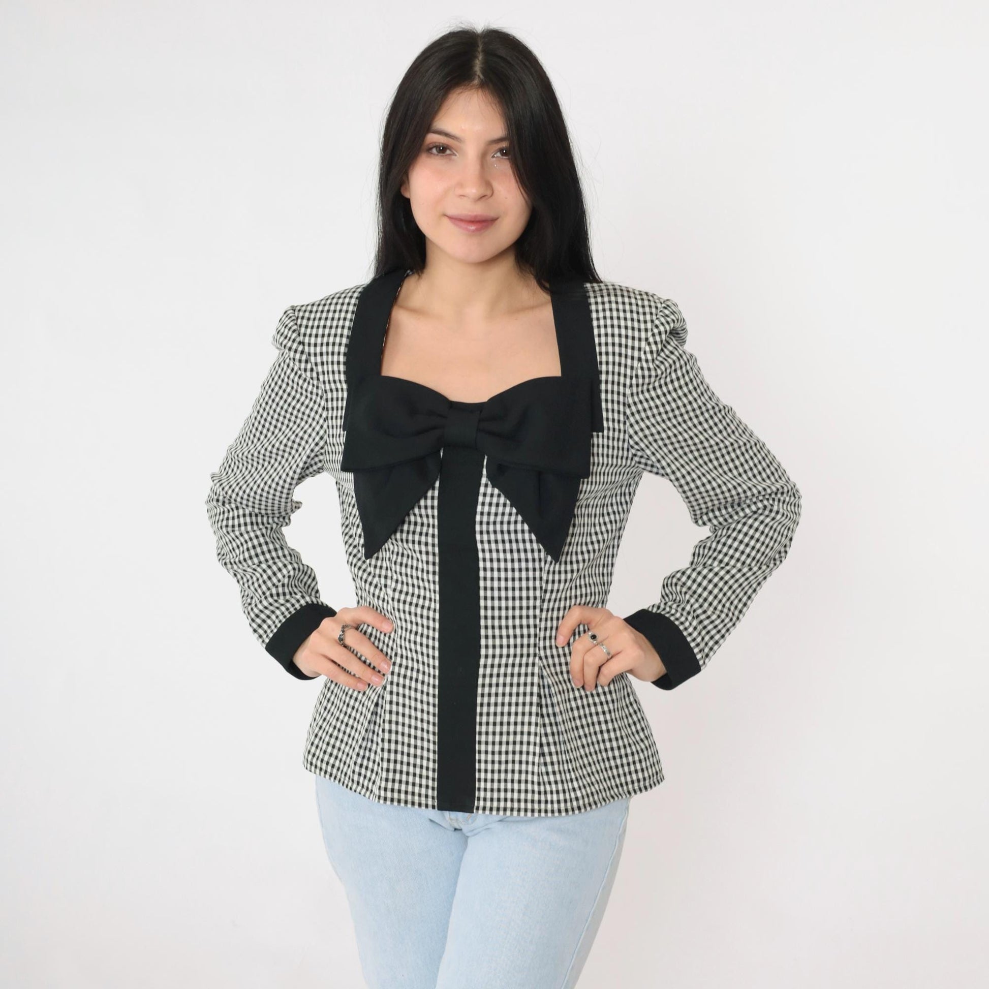 90s Black Gingham Bow Blouse Long Sleeve Checkered Shirt Medium 8