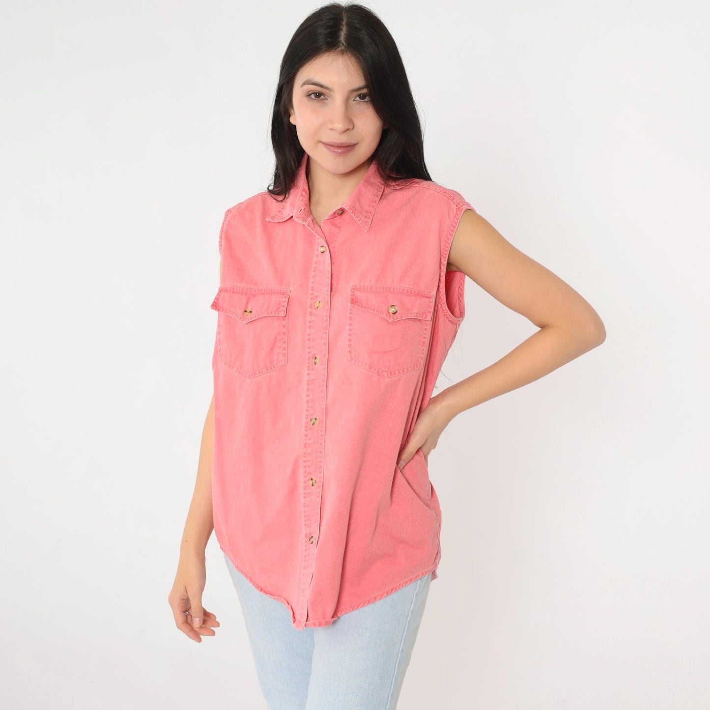 90s Pink Cotton Sleeveless Button-Up Blouse Chest Pockets Large L