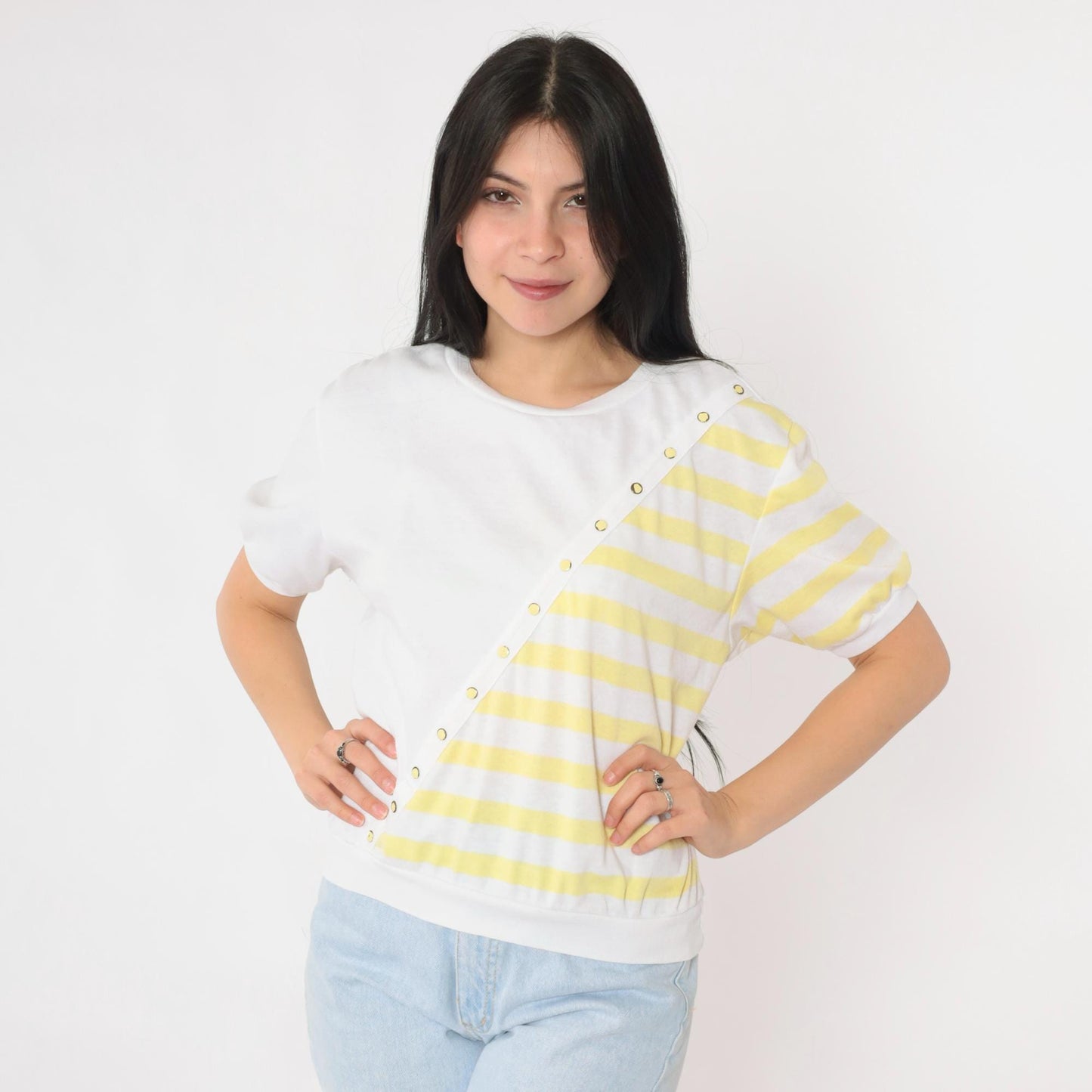 80s White Stag Striped Short Sleeve Shirt Yellow Banded Hem Medium