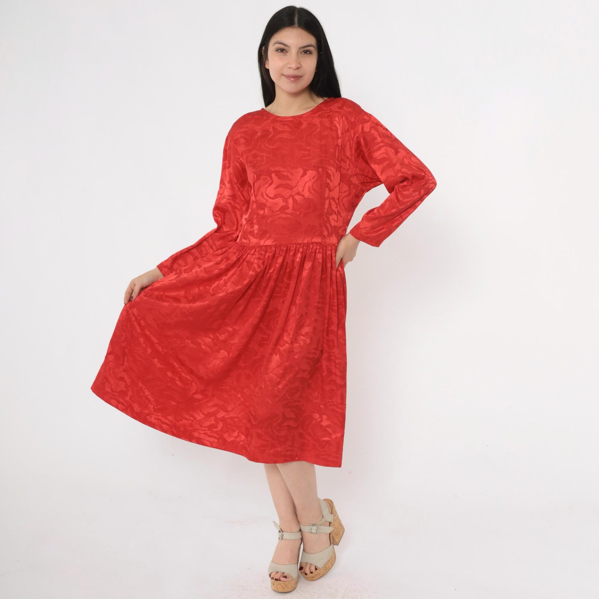 80s Apostrophe Red Jacquard Midi Dress Scoop Back Long Sleeve Medium M