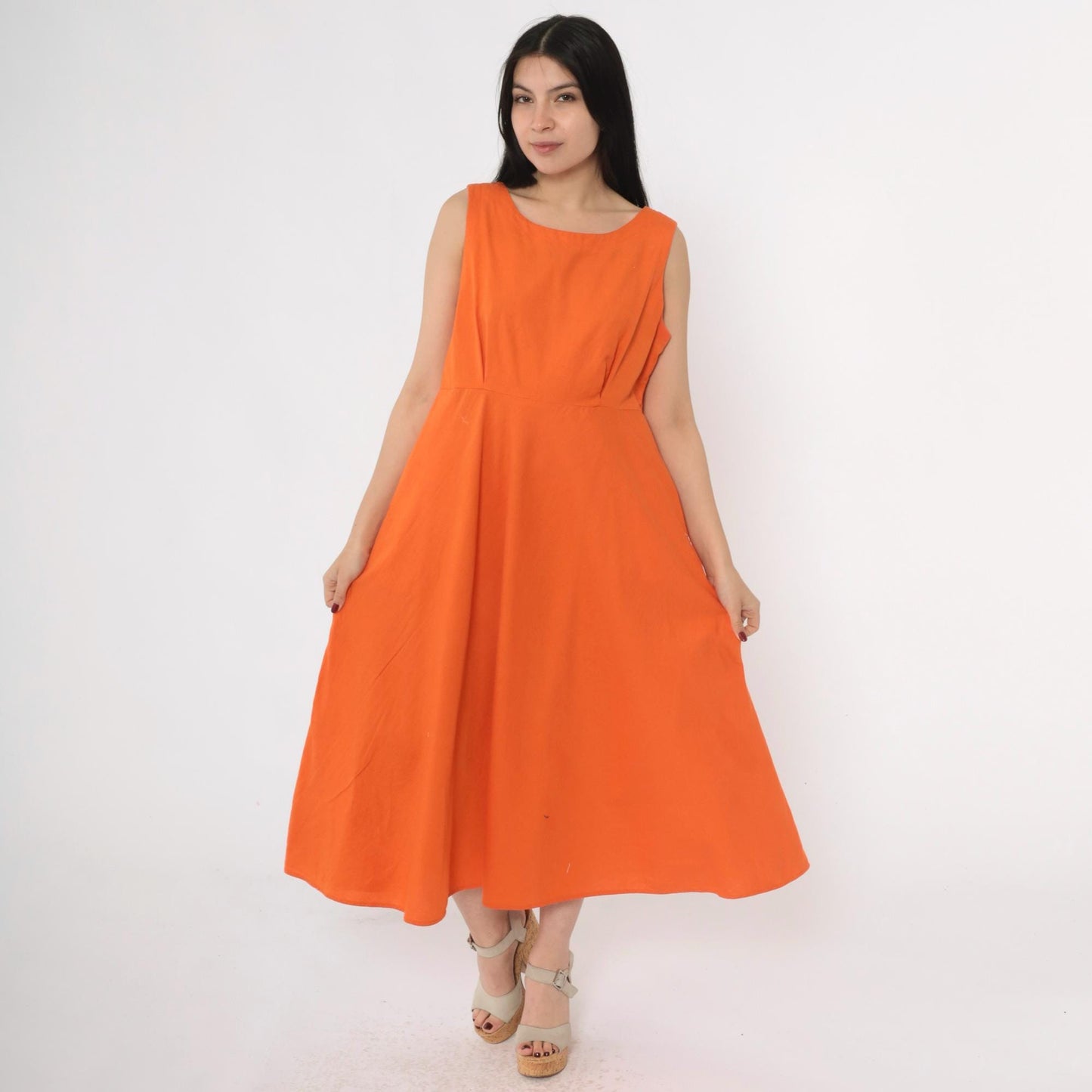 80s Orange Midi Dress Button Back A-Line Sleeveless Medium M