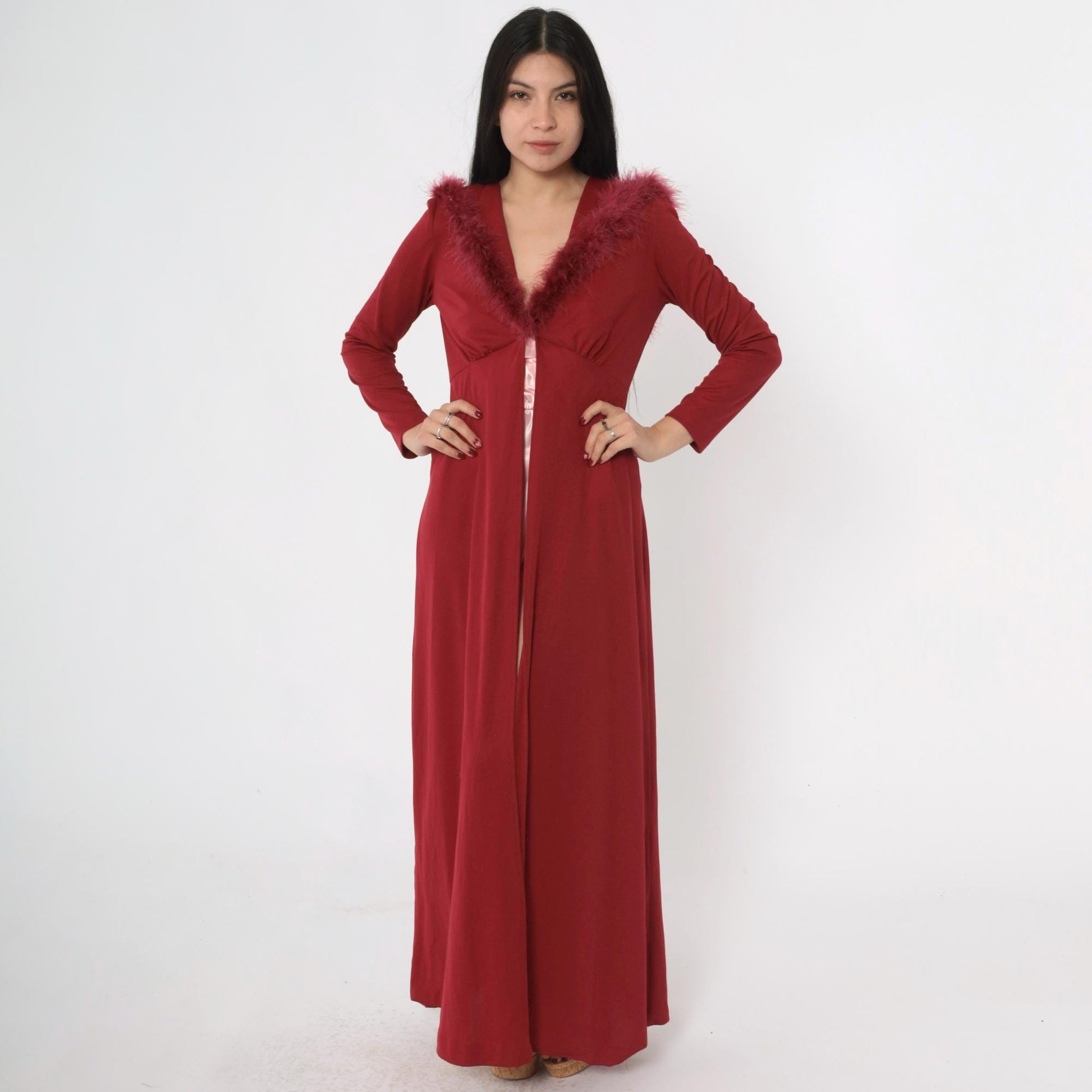 70s Burgundy Maxi Jacket Feather Trim Hood Deep V Neck Small Medium