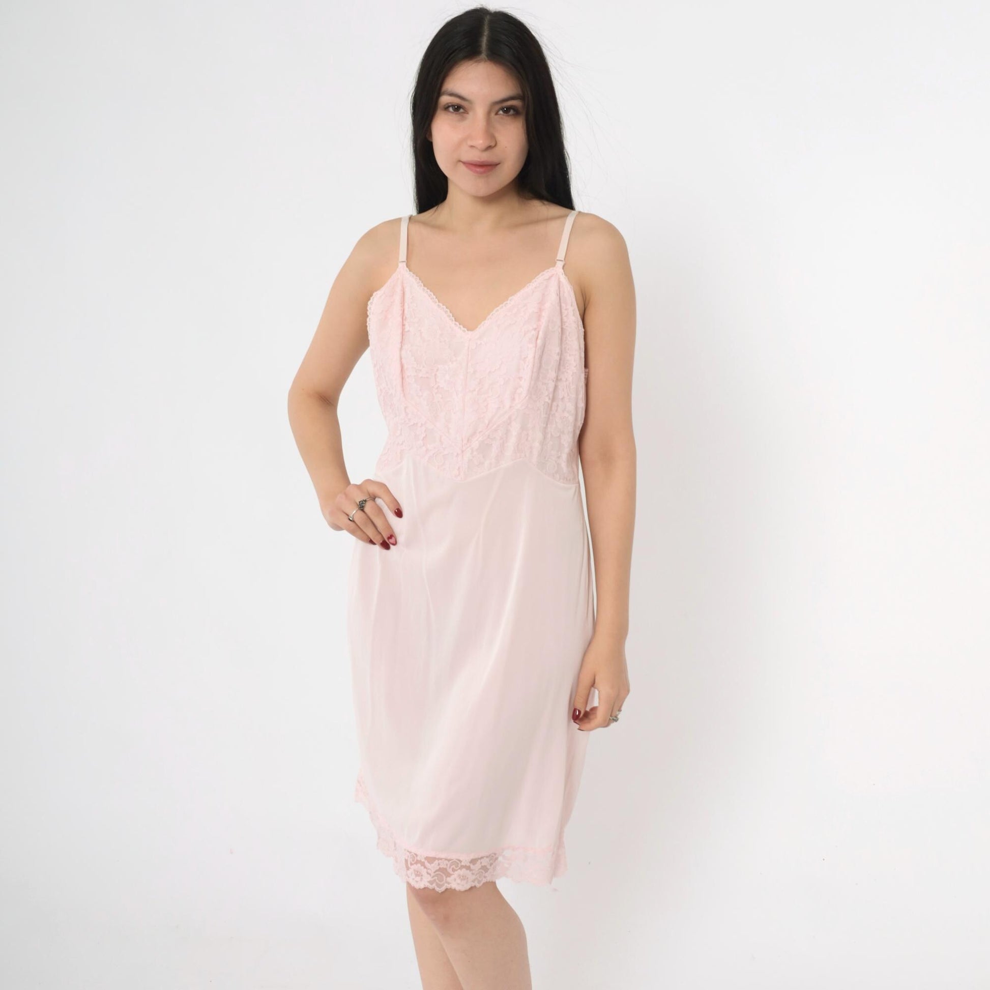 70s Pink Lace Slip Dress V-Neck Spaghetti Straps Mini Nightgown Medium