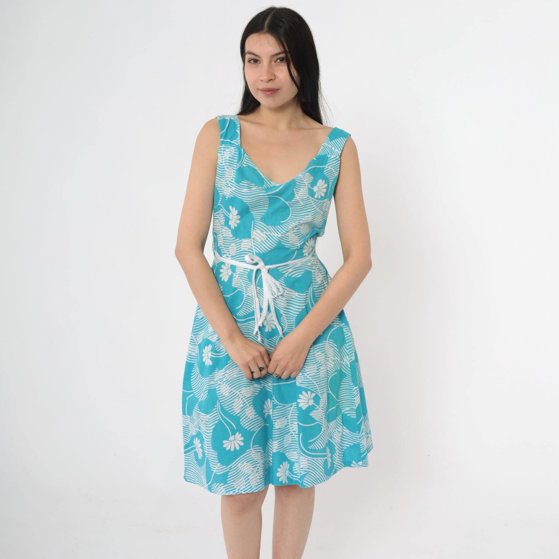 70s Andrade Hawaiian Floral Wrap Sundress Blue White A-Line Small