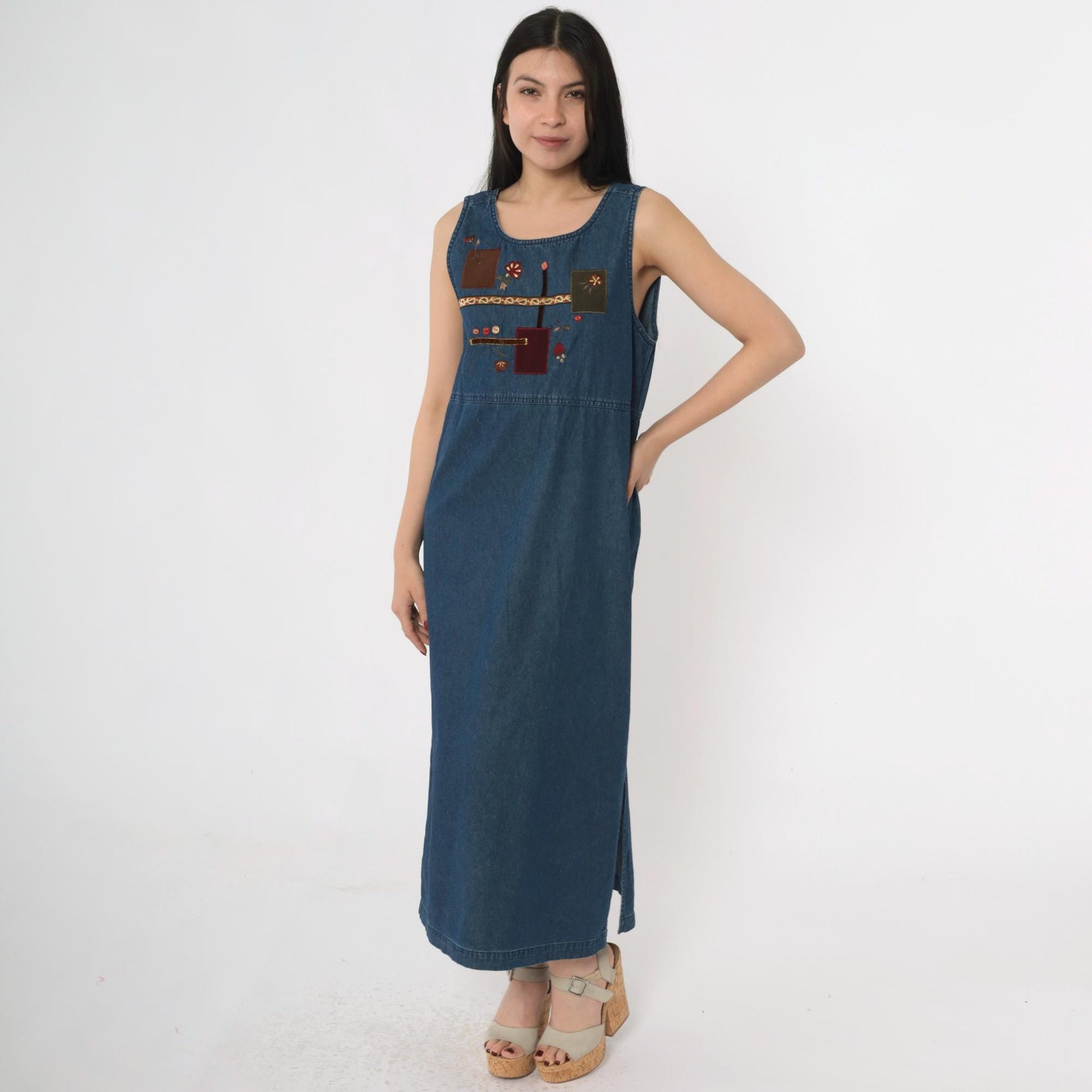 90s Blue Denim Dress Floral Embroidered Patchwork Sleeveless Ankle Length Medium
