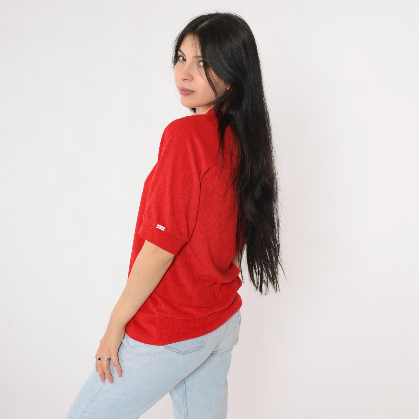 80s Alfie California Terry Cloth V-Neck Top Red Short Sleeve Medium Large