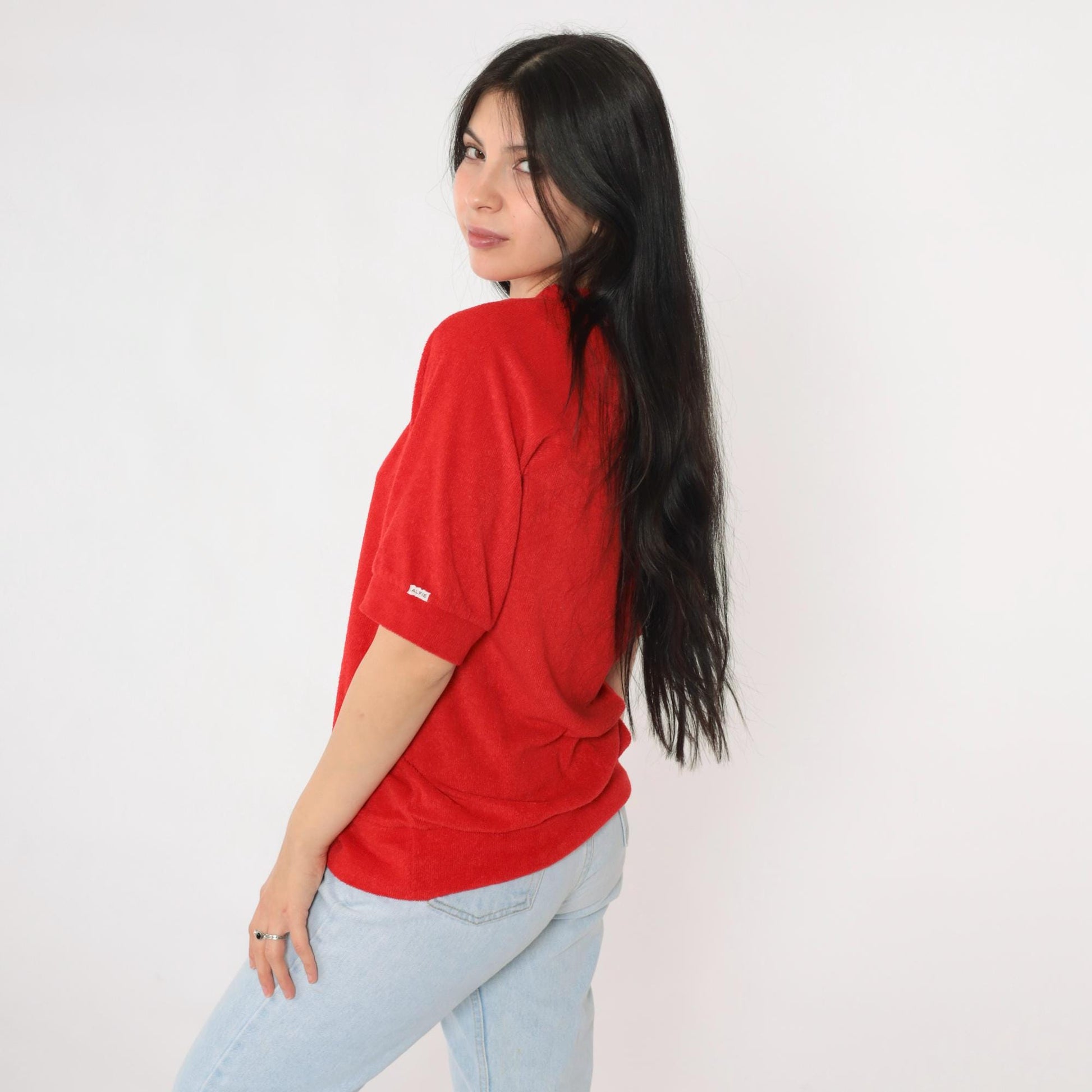 80s Alfie California Terry Cloth V-Neck Top Red Short Sleeve Medium Large