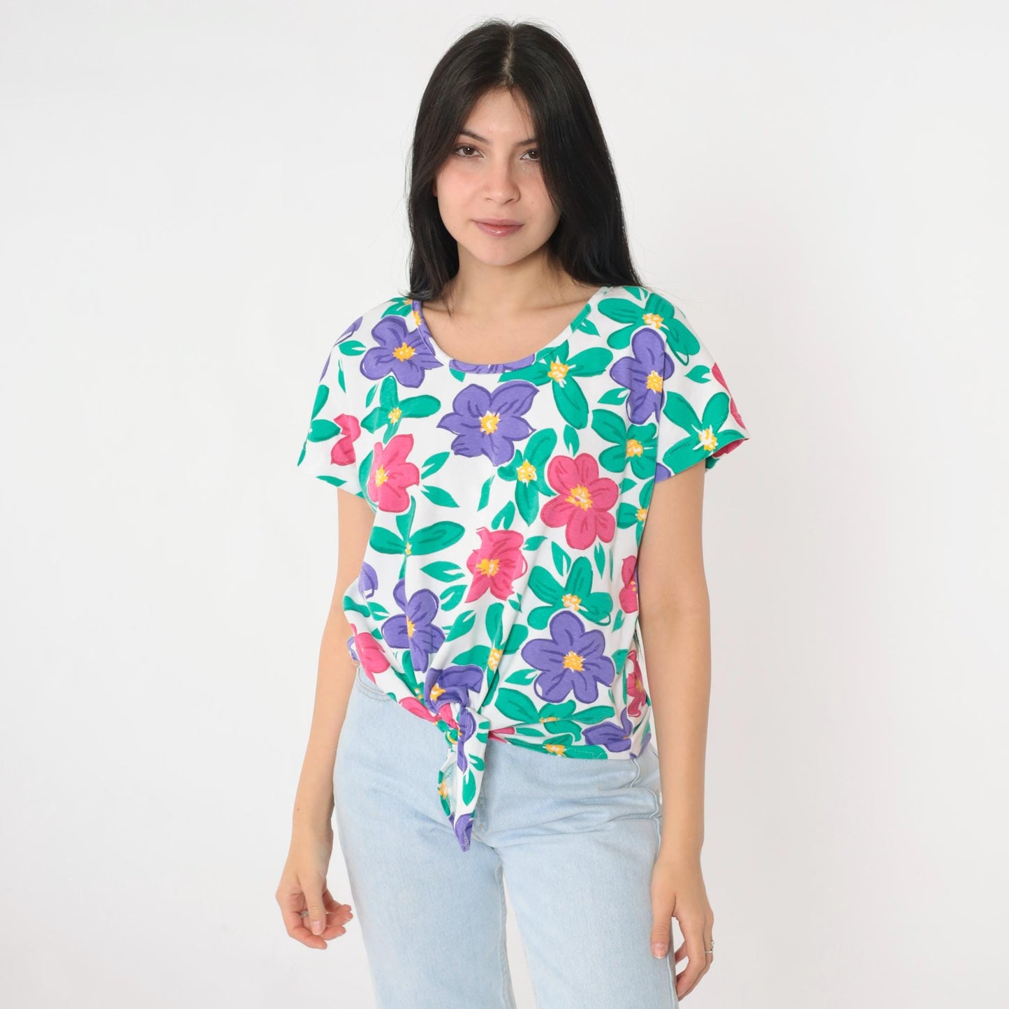 90s Aileen Petites Floral Tie Waist Graphic Tee White Short Sleeve Medium