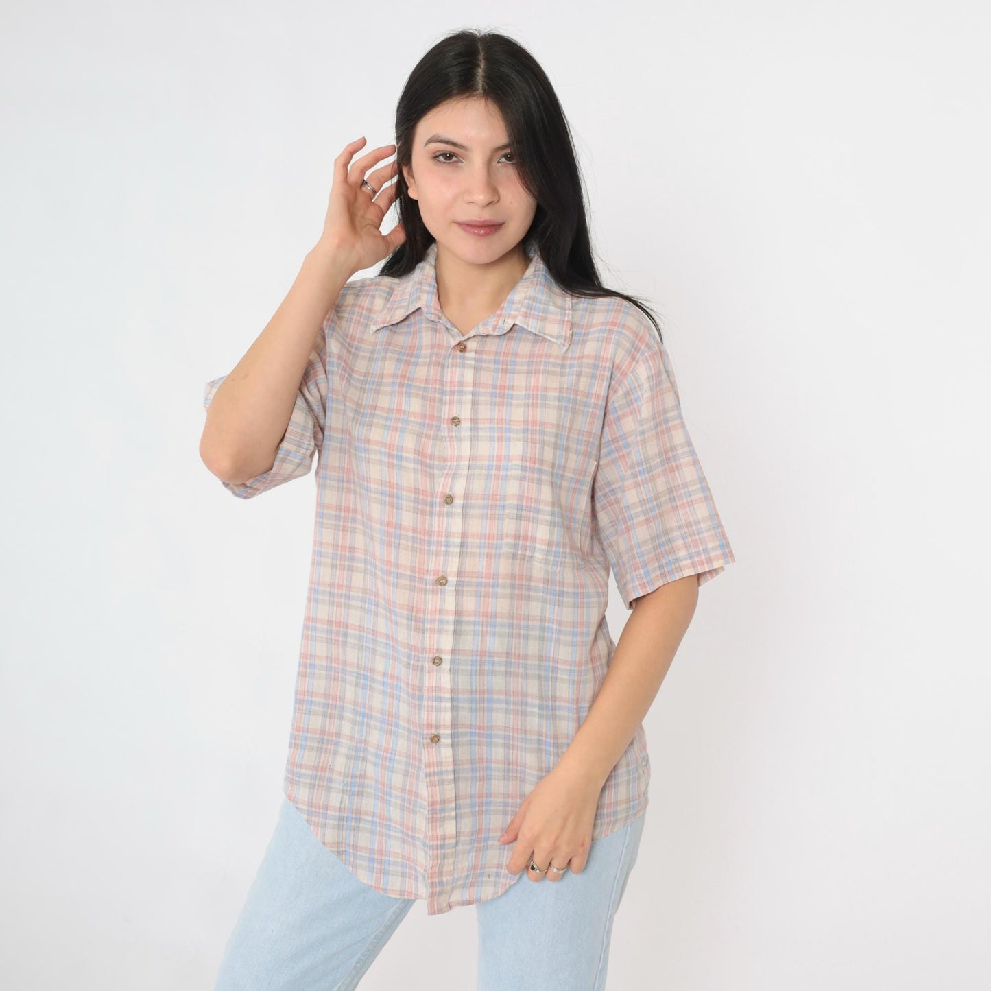 80s Cream Plaid Button-Up Shirt Pink Blue Checkered Short Sleeve Medium