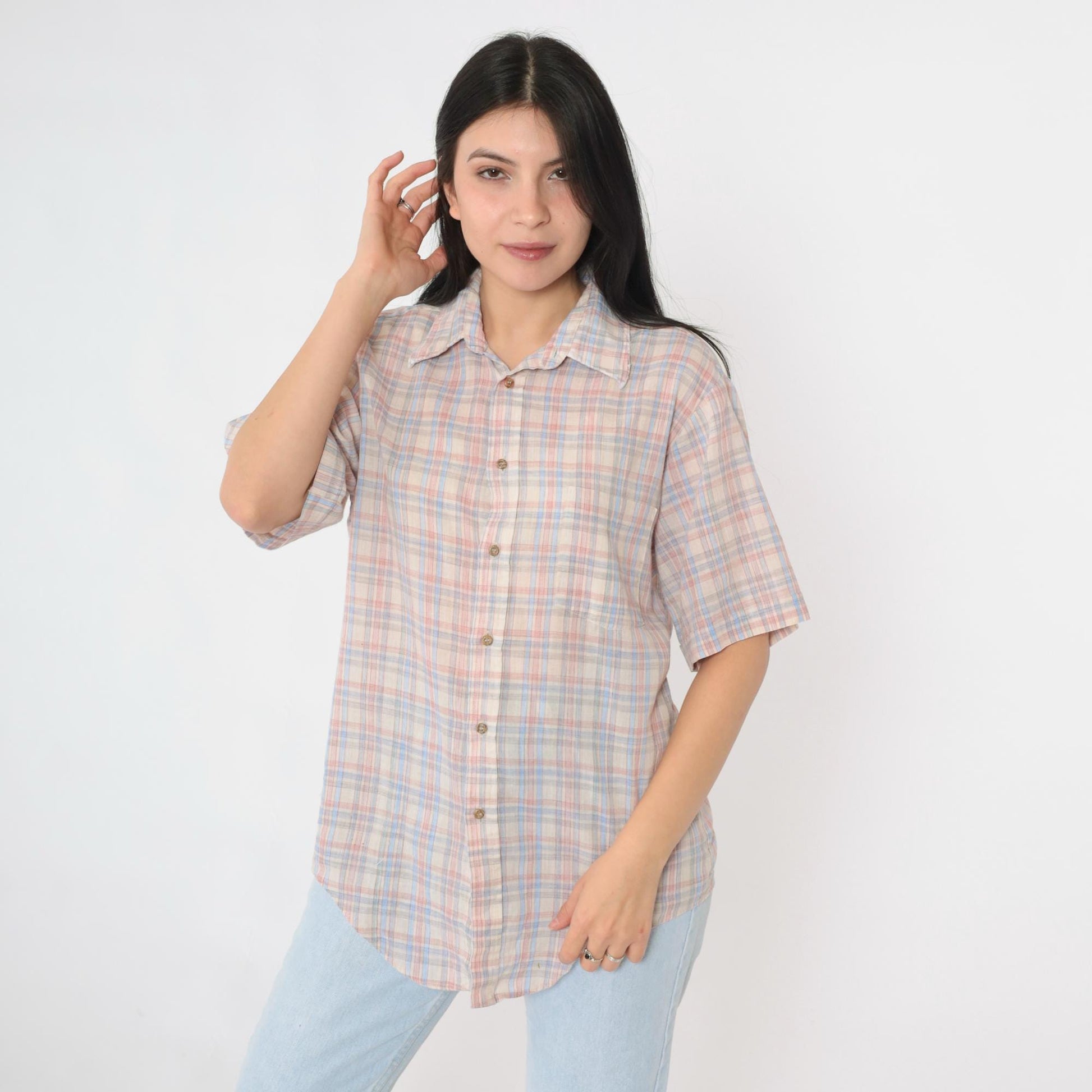 80s Cream Plaid Button-Up Shirt Pink Blue Checkered Short Sleeve Medium