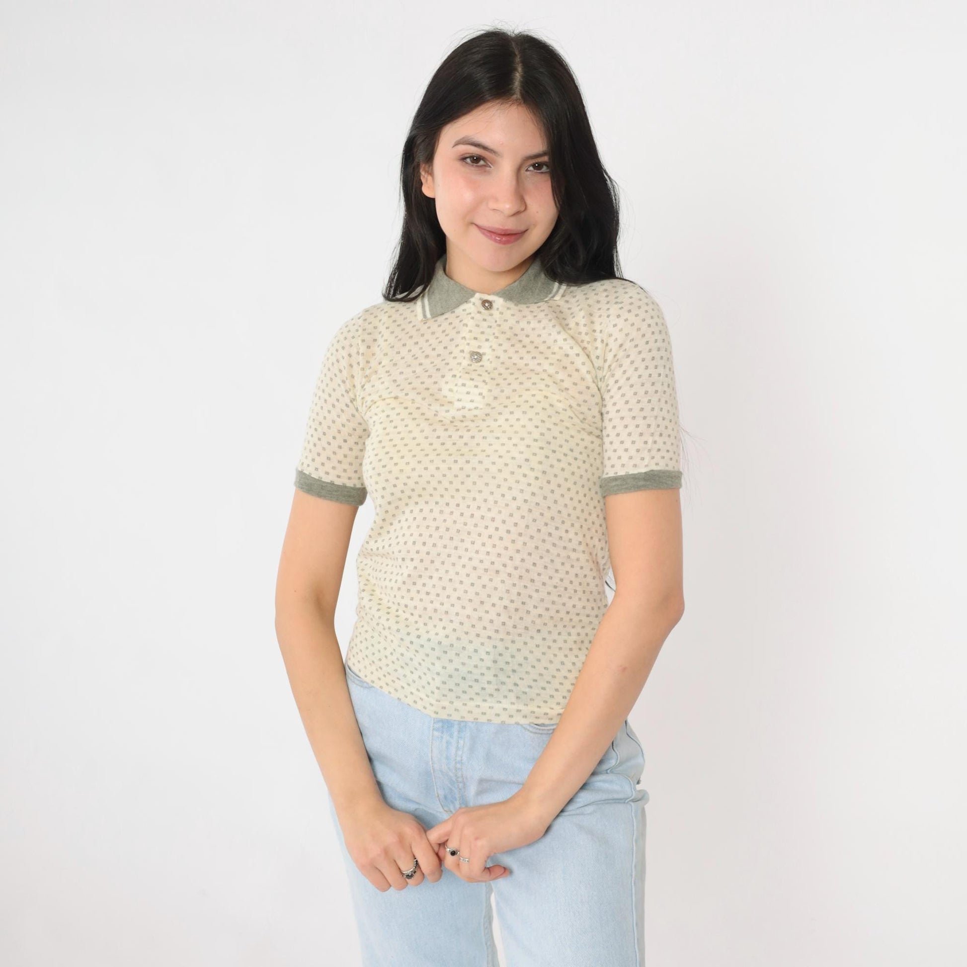 80s RoyCo Sportswear Cream Knit Polo Polka Dot Grey Short Sleeve Extra Small