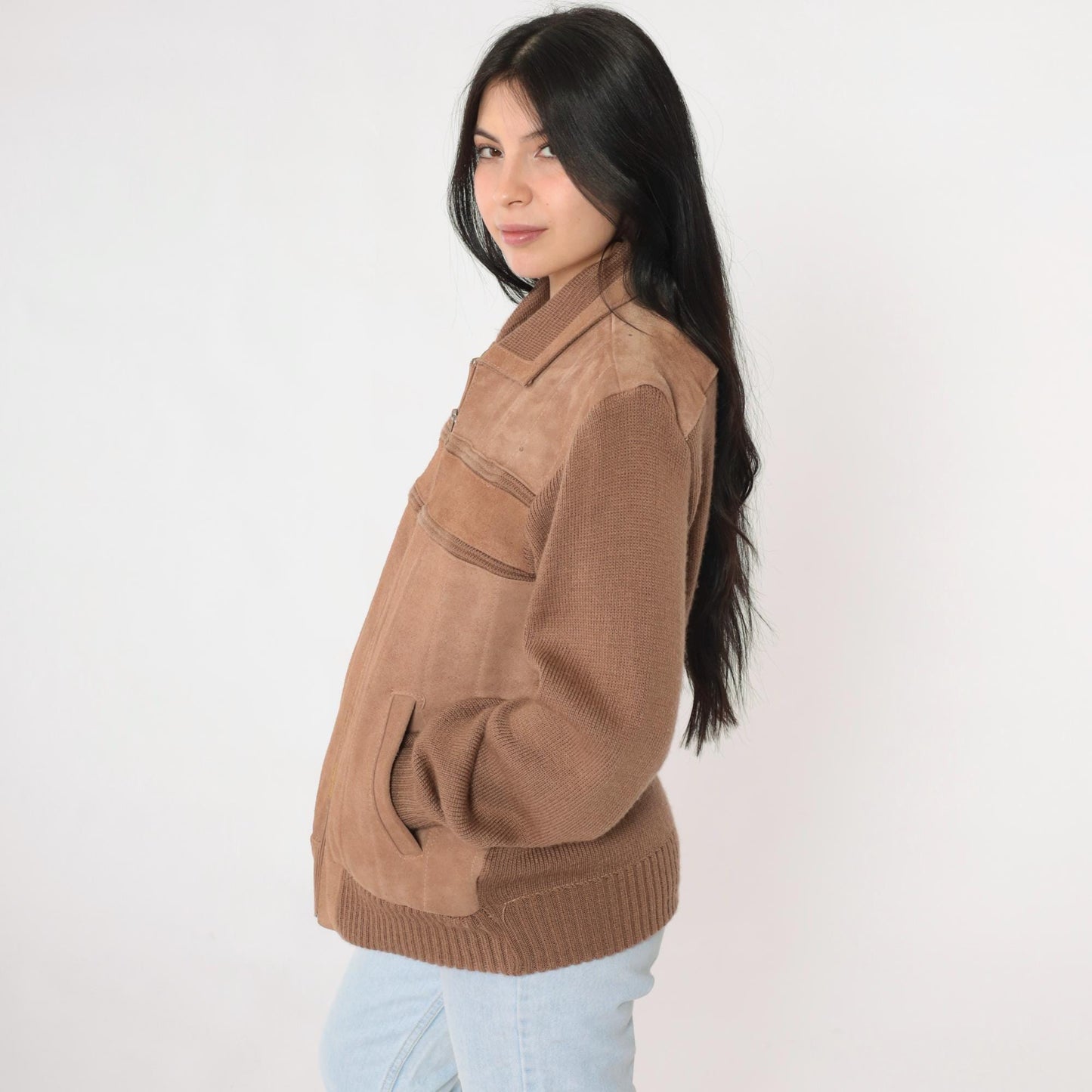 80s Repage Brown Suede Leather Bomber Jacket Striped Knit Medium
