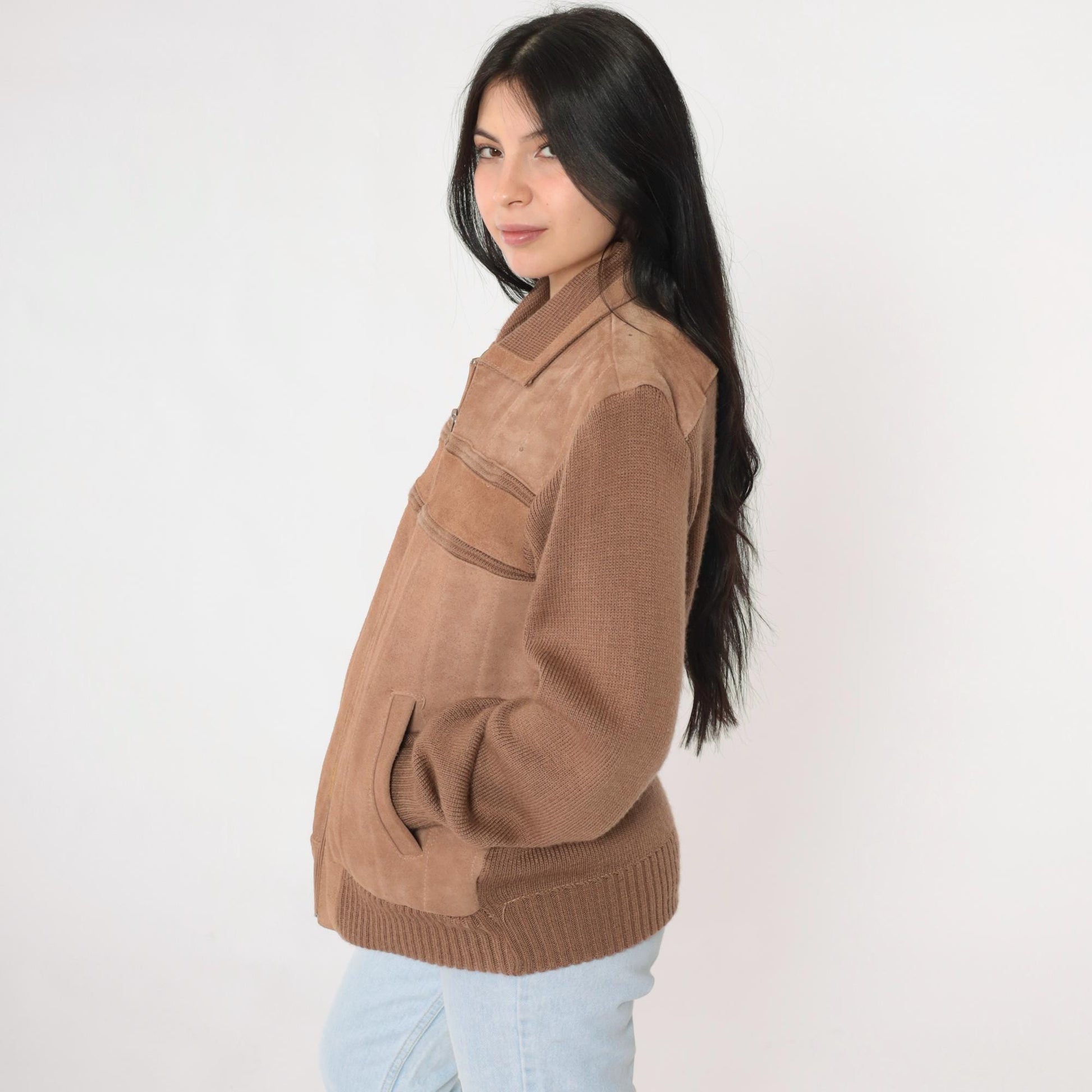 80s Repage Brown Suede Leather Bomber Jacket Striped Knit Medium