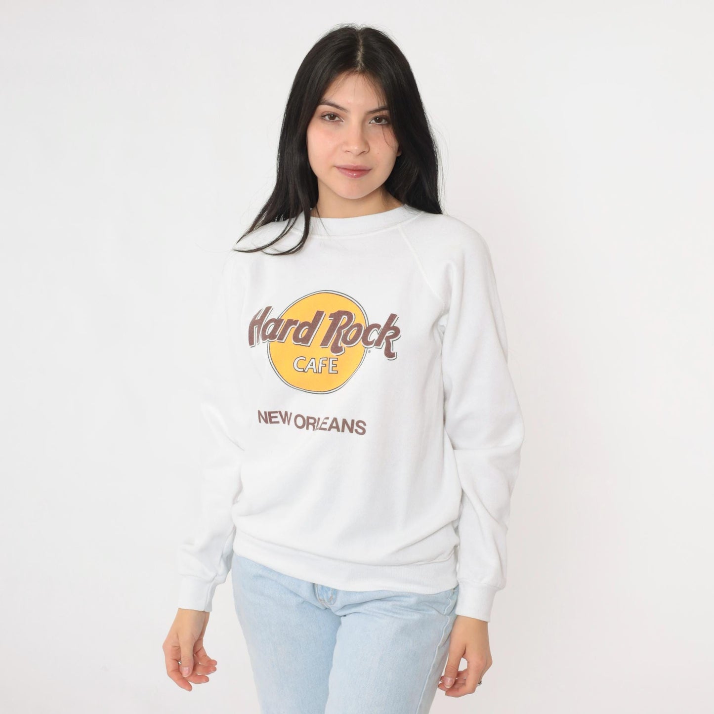 90s Hard Rock Cafe New Orleans Raglan Sweatshirt White Graphic Small