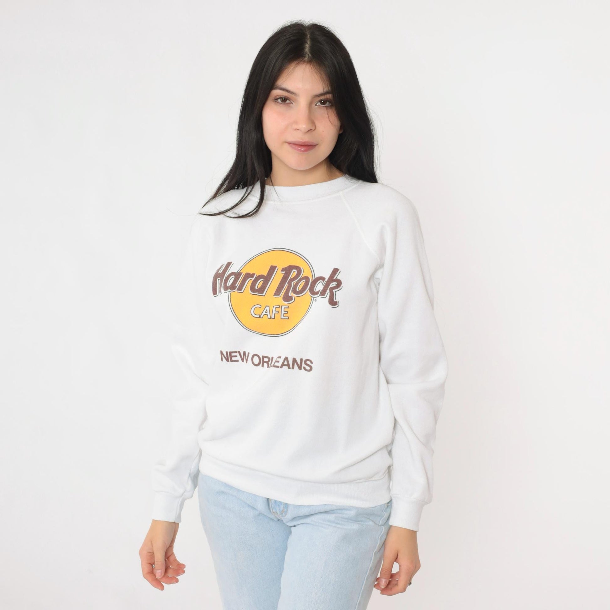 90s Hard Rock Cafe New Orleans Raglan Sweatshirt White Graphic Small