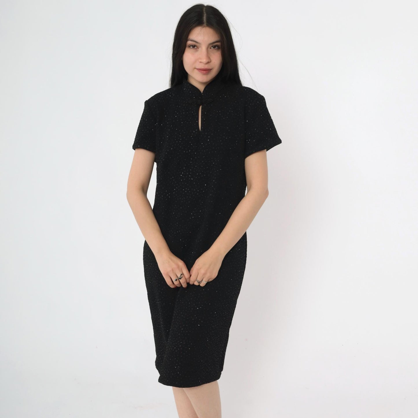 90s Black Glitter Cheongsam Midi Dress Keyhole Neck Short Sleeve Large