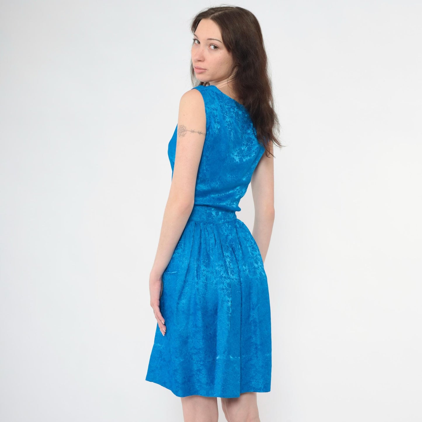 60s Blue Damask Floral Jacquard Cocktail Dress Sleeveless Fit Flare Extra Small