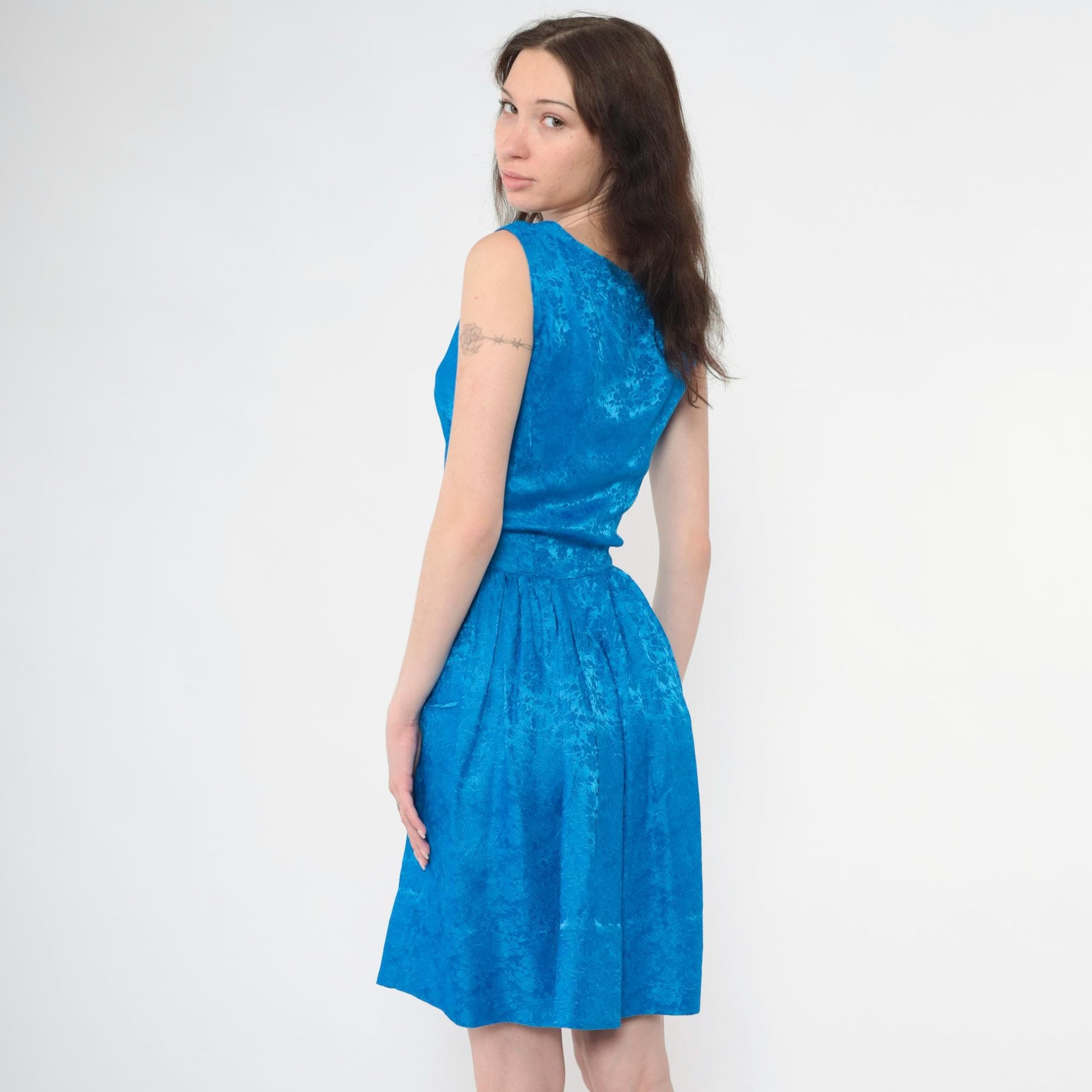 60s Blue Damask Floral Jacquard Cocktail Dress Sleeveless Fit Flare Extra Small