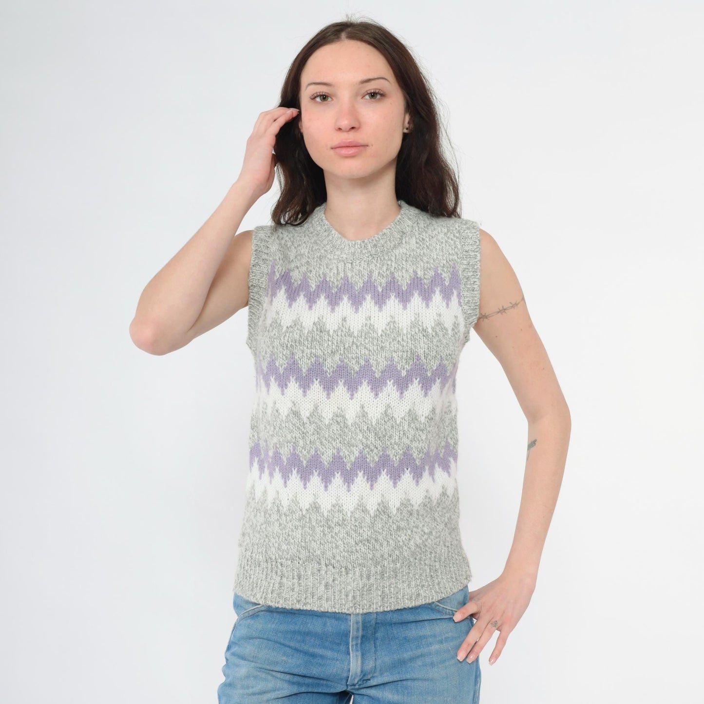 80s Grey Wool Blend Sweater Vest Lavender White Zig Zag Knit Crewneck Extra Small