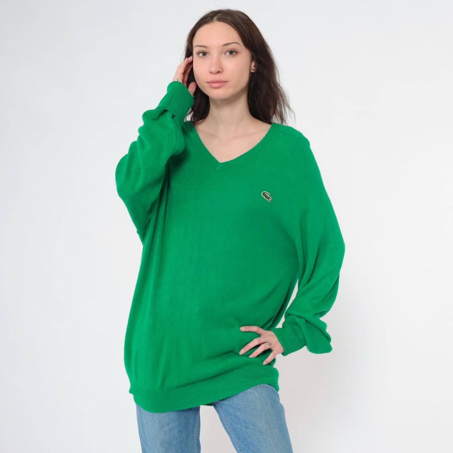 80s Izod Lacoste Green V-Neck Sweater Crocodile Logo Pullover Large L