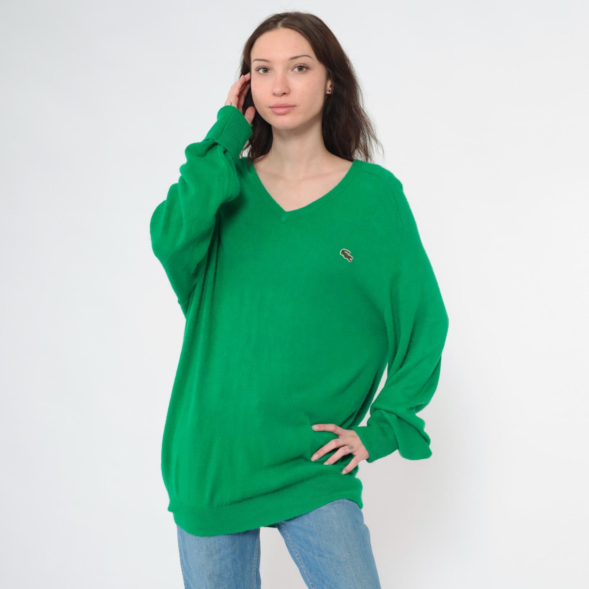 80s Izod Lacoste Green V-Neck Sweater Crocodile Logo Pullover Large L