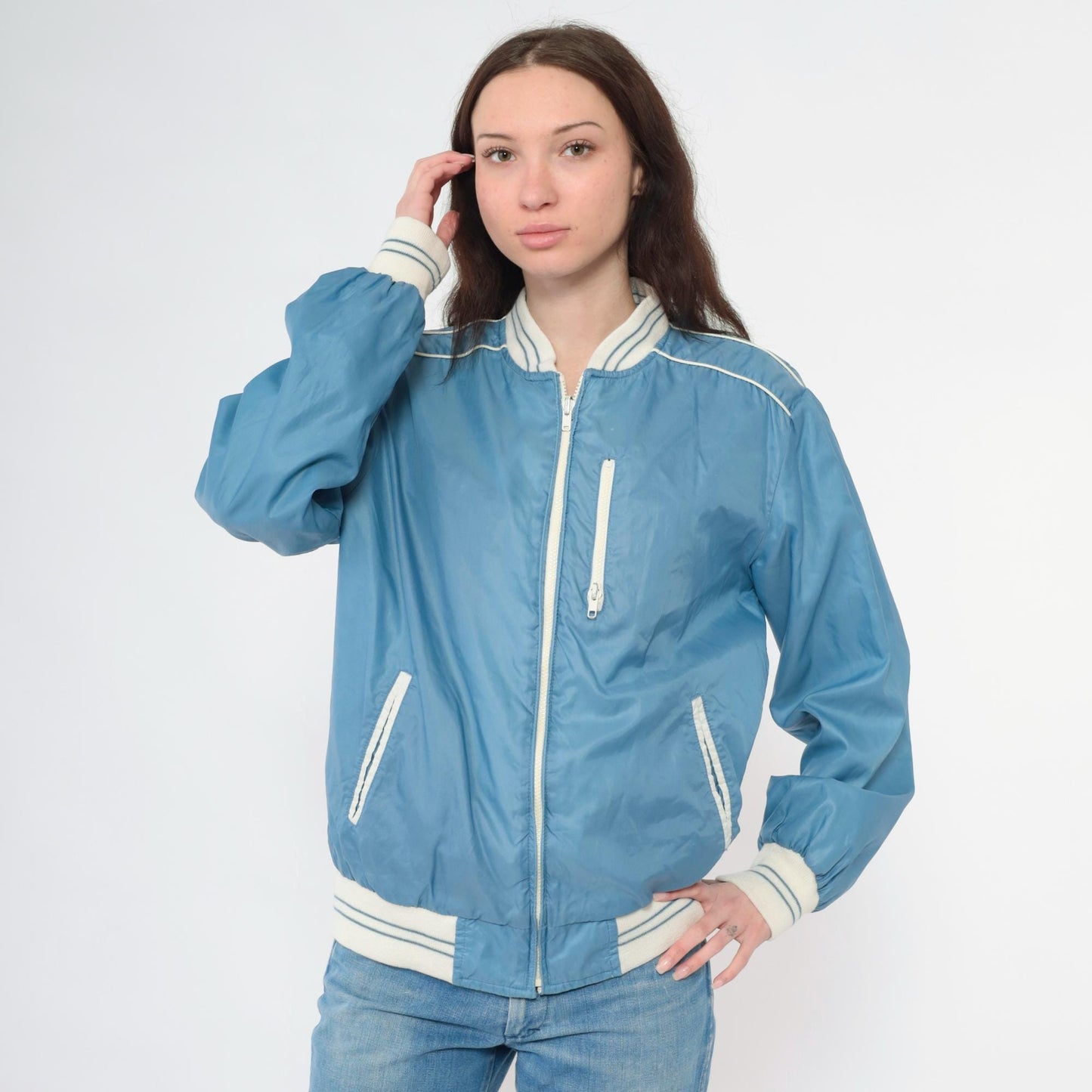 80s Reversible Windbreaker Jacket Blue White Color Block Bomber Medium